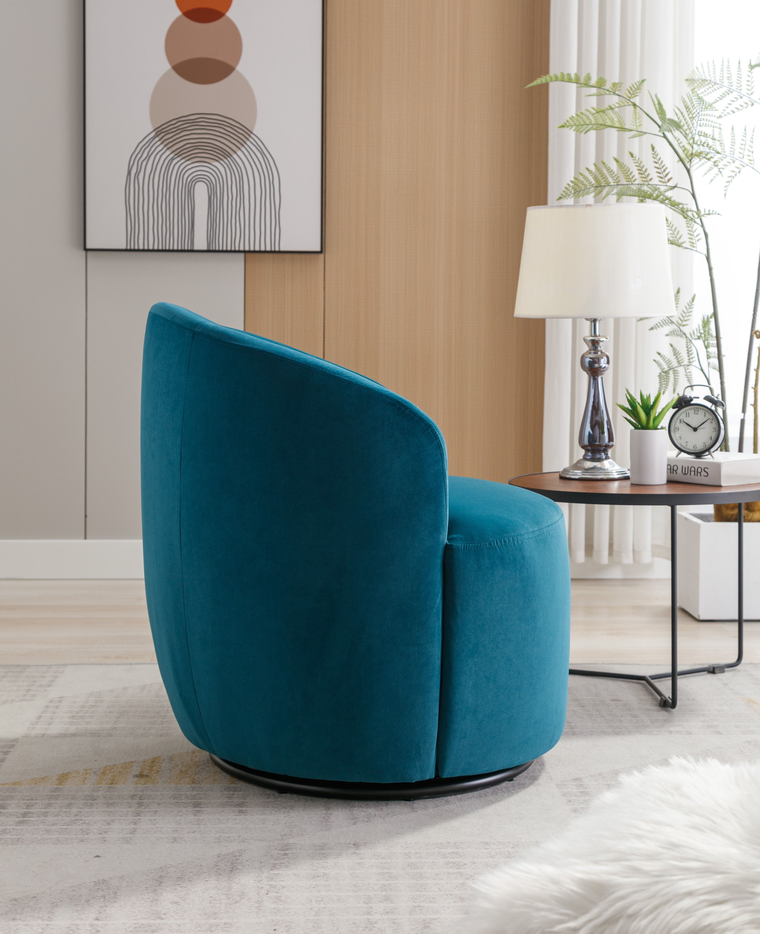 Velvet Fabric Swivel Accent Armchair Barrel Chair With Powder Coating Metal Ring