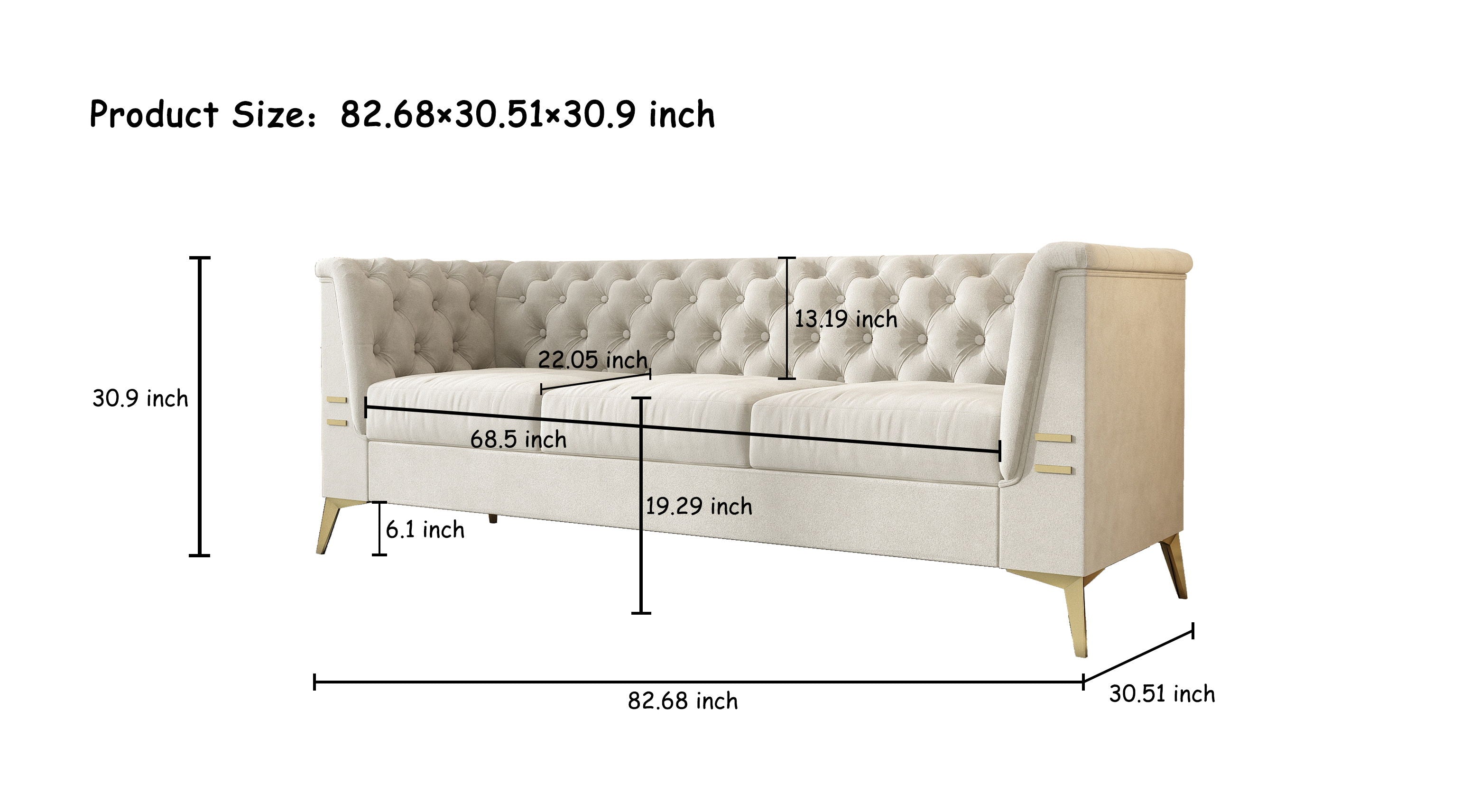 Luxurious Velvet Sofa With Gold Legs, Modern Chesterfield Design, Tufted Upholstery, 3 Seat Couch For Living Room And Office