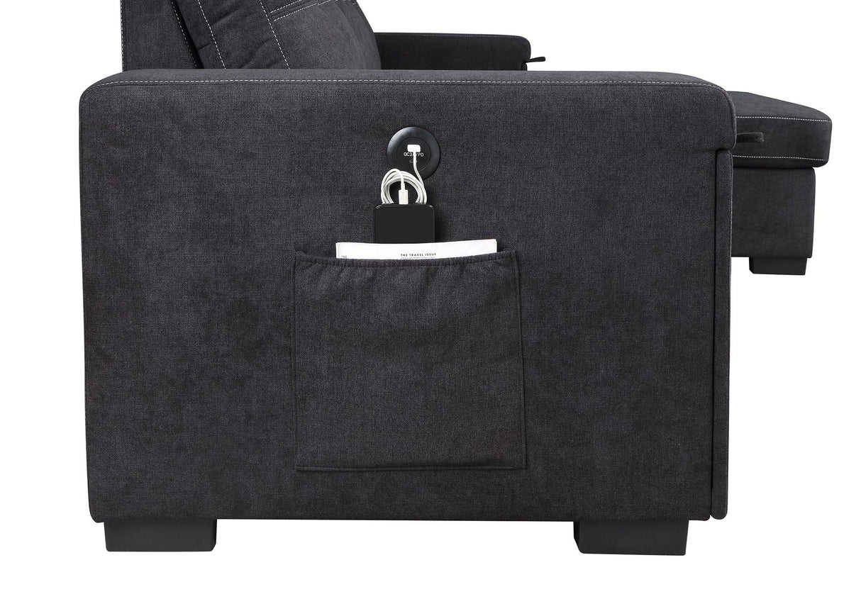Toby - Woven Fabric Reversible Sleeper Sectional Sofa With Storage Chaise Cup Holder Charging Ports And Pockets