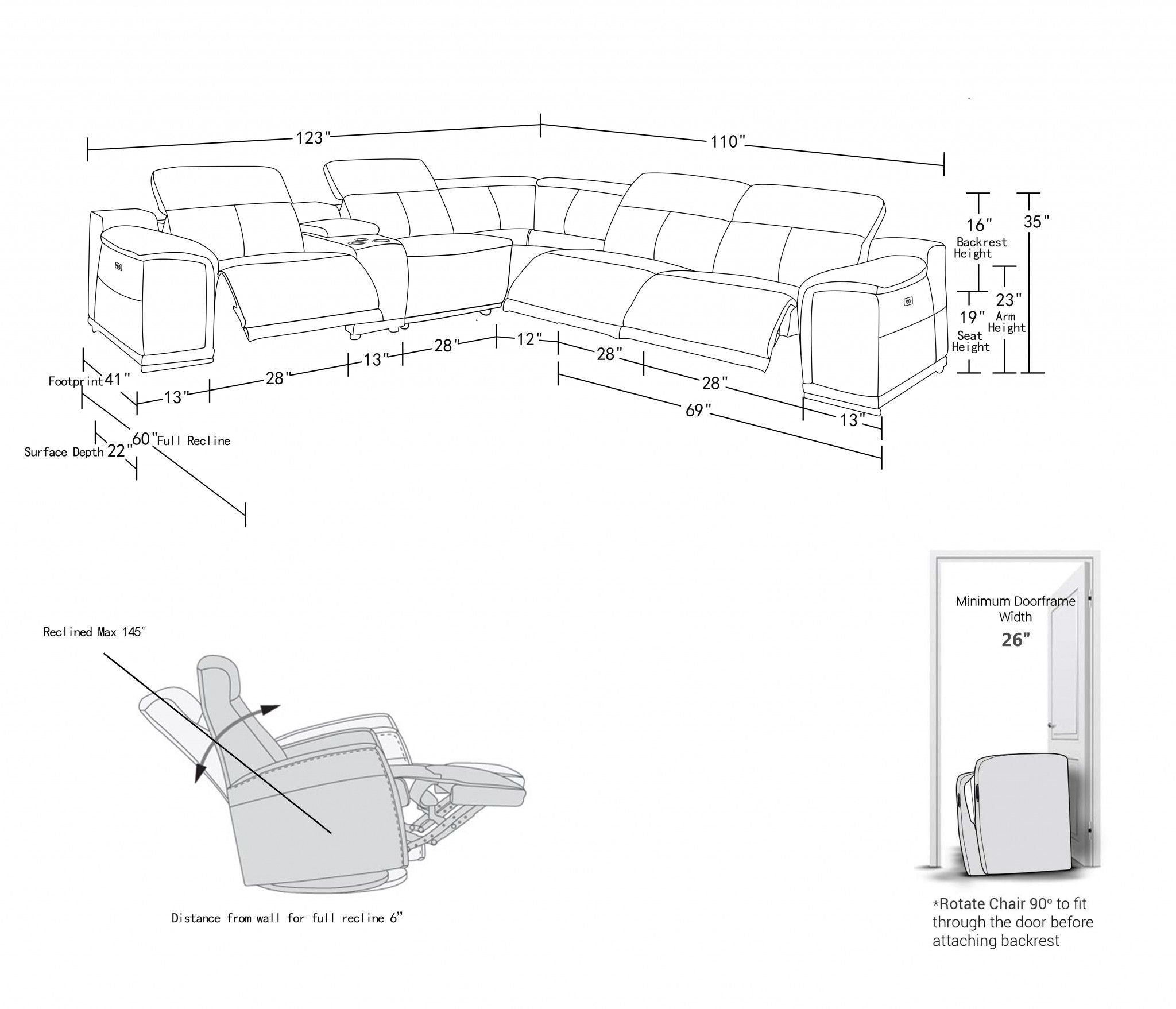 Italian Leather Power Reclining U Shaped Six Piece Corner Sectional With Console - White