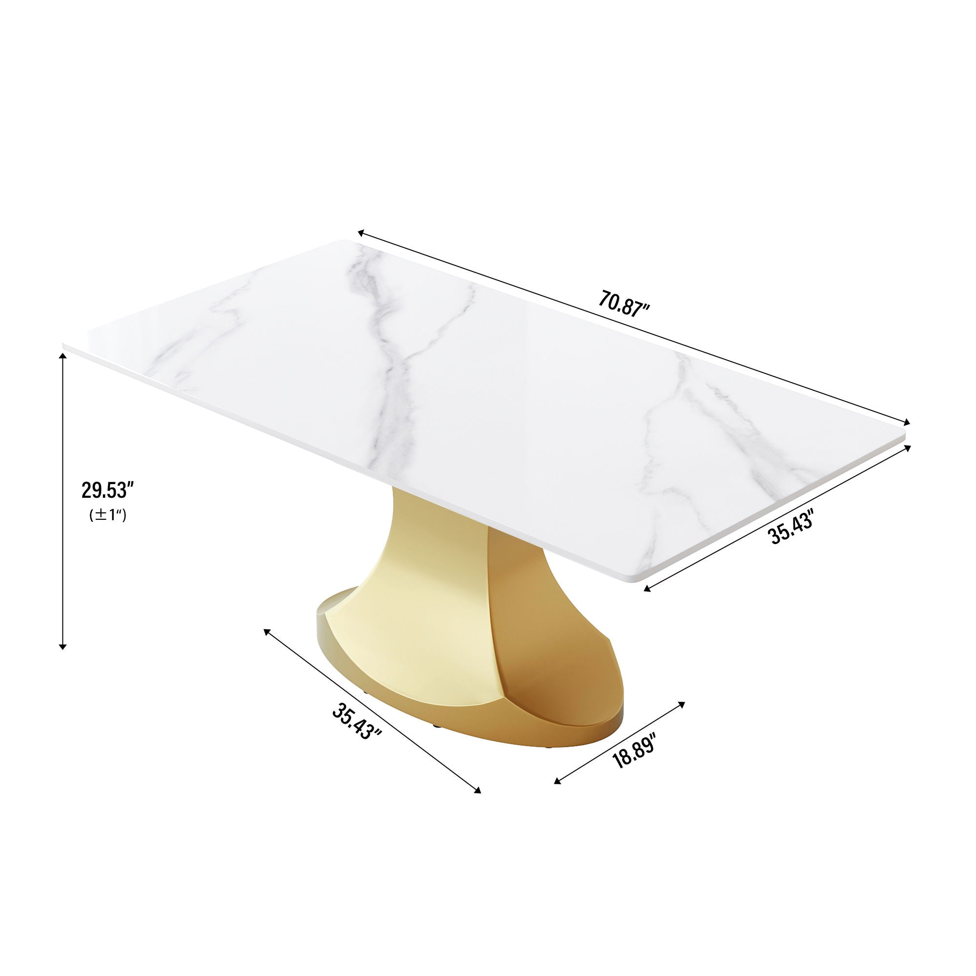 70.84" Modern Artificial Stone Panel Golden Stainless Steel Curved Legs, Can Accommodate 6-8 People - White / Gold