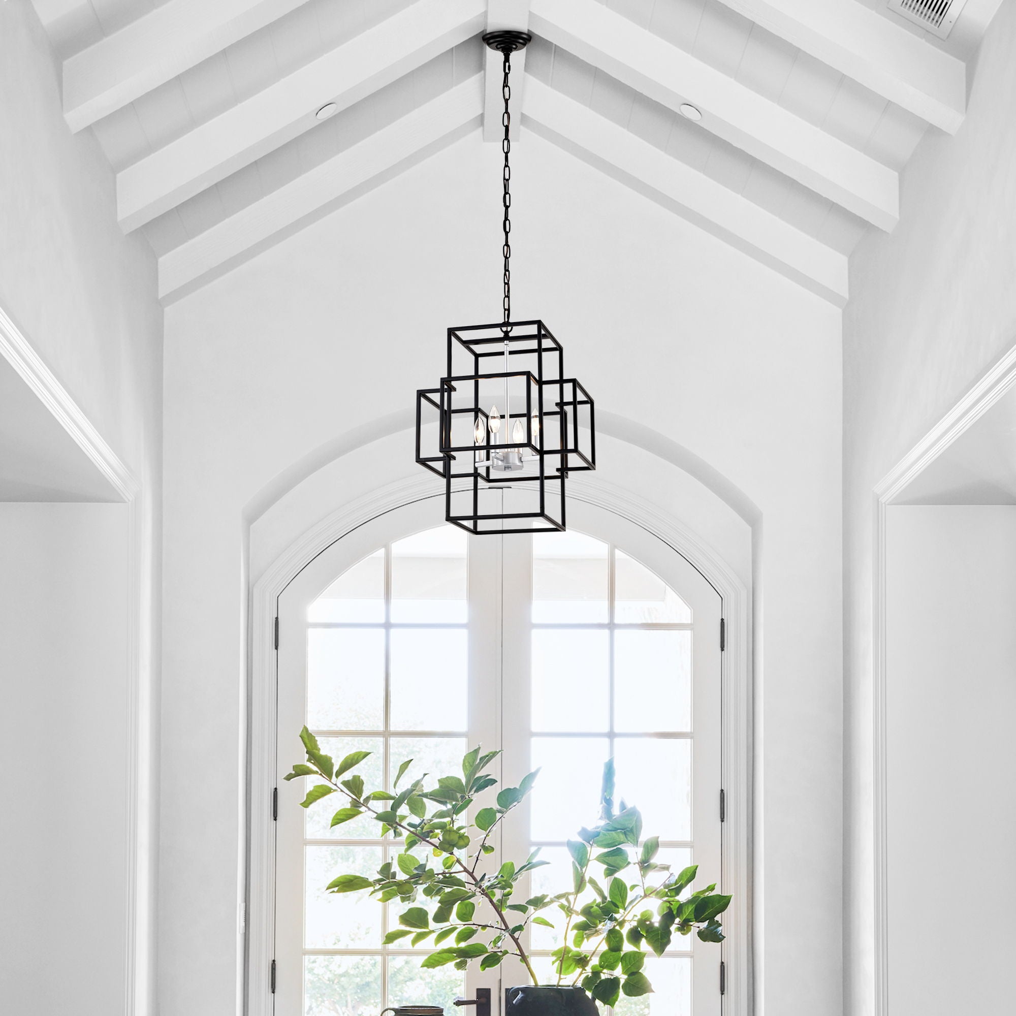 4 Light Metal Lantern Tiered Pendant Hanging Light Fixtures, Industrial Farmhouse Adjustable Height Chandeliers For Dining Room Hallway Foyer Entryway (E12 Bulbs Not Included)