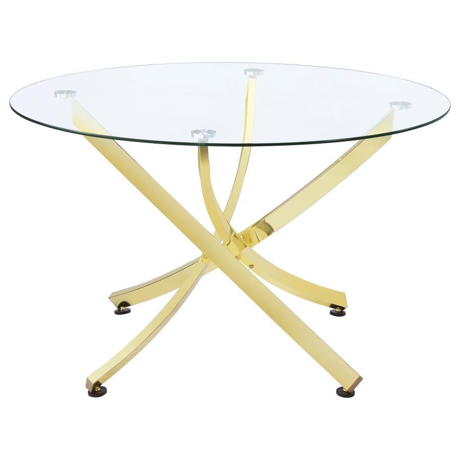 Beckham - Round Glass Top Dining Table Gold by CoasterEveryday | Bel Furniture