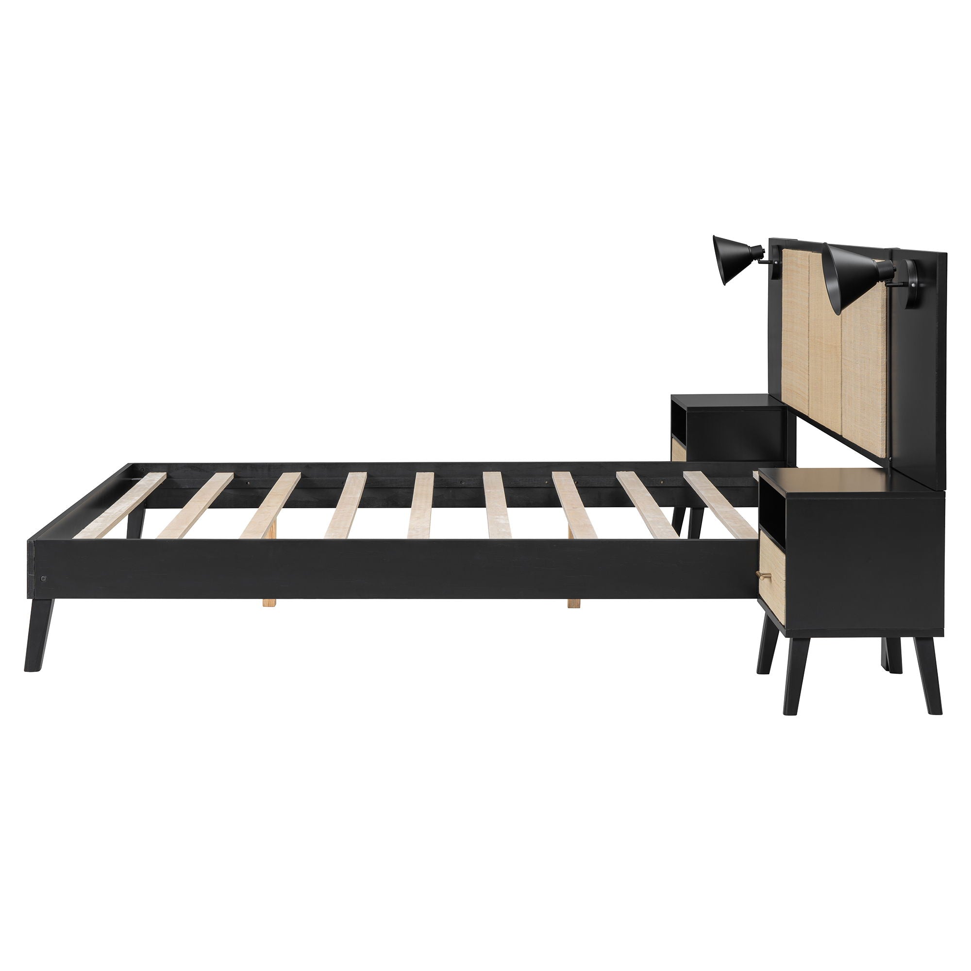 Solid Wood Bed Frame With 2 Nightstands, Elegant Design With Lamps, Rattan And Wood Combination