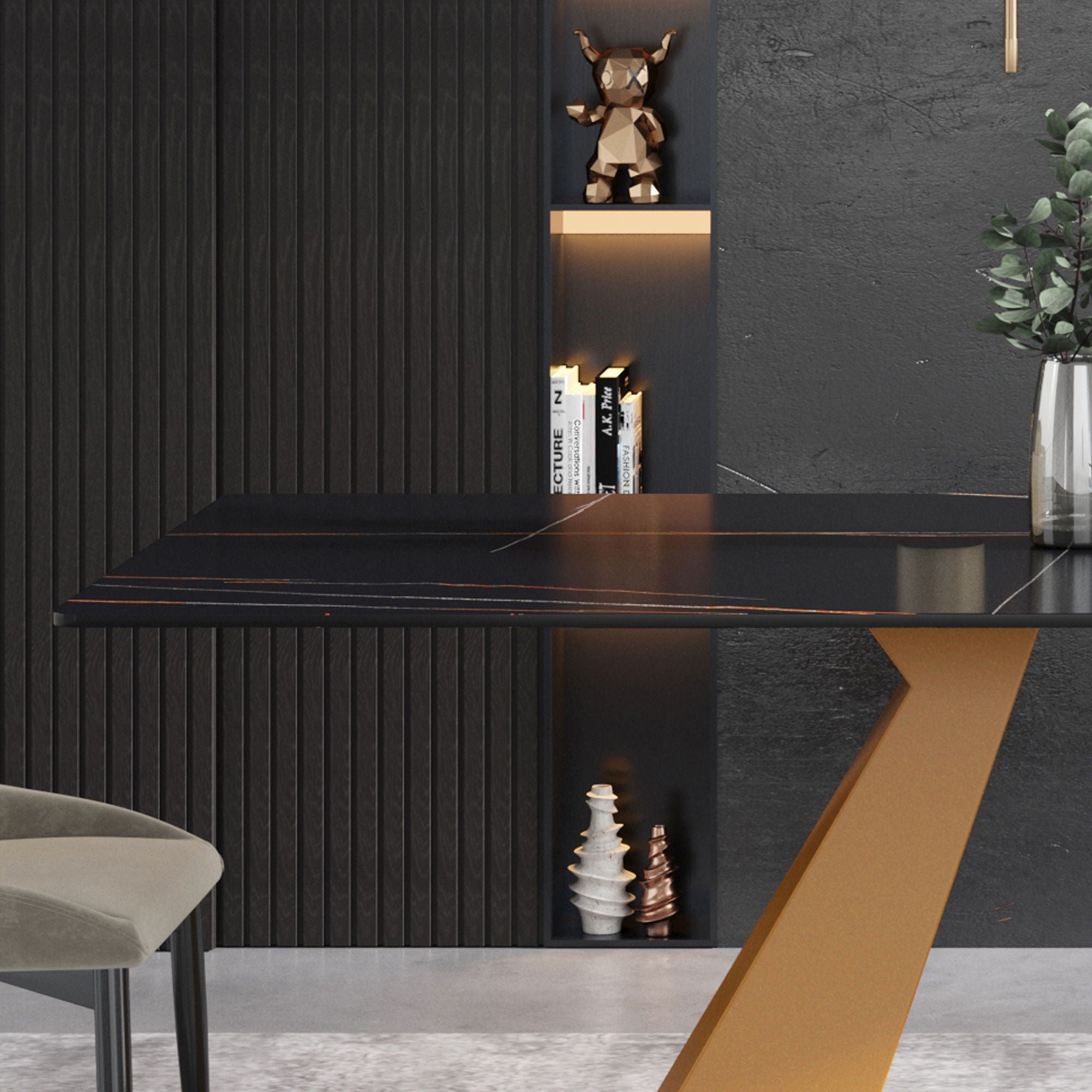 63" Modern Artificial Stone Black Straight Edge Golden Metal Leg Dining Table, 6 People - Black / Gold