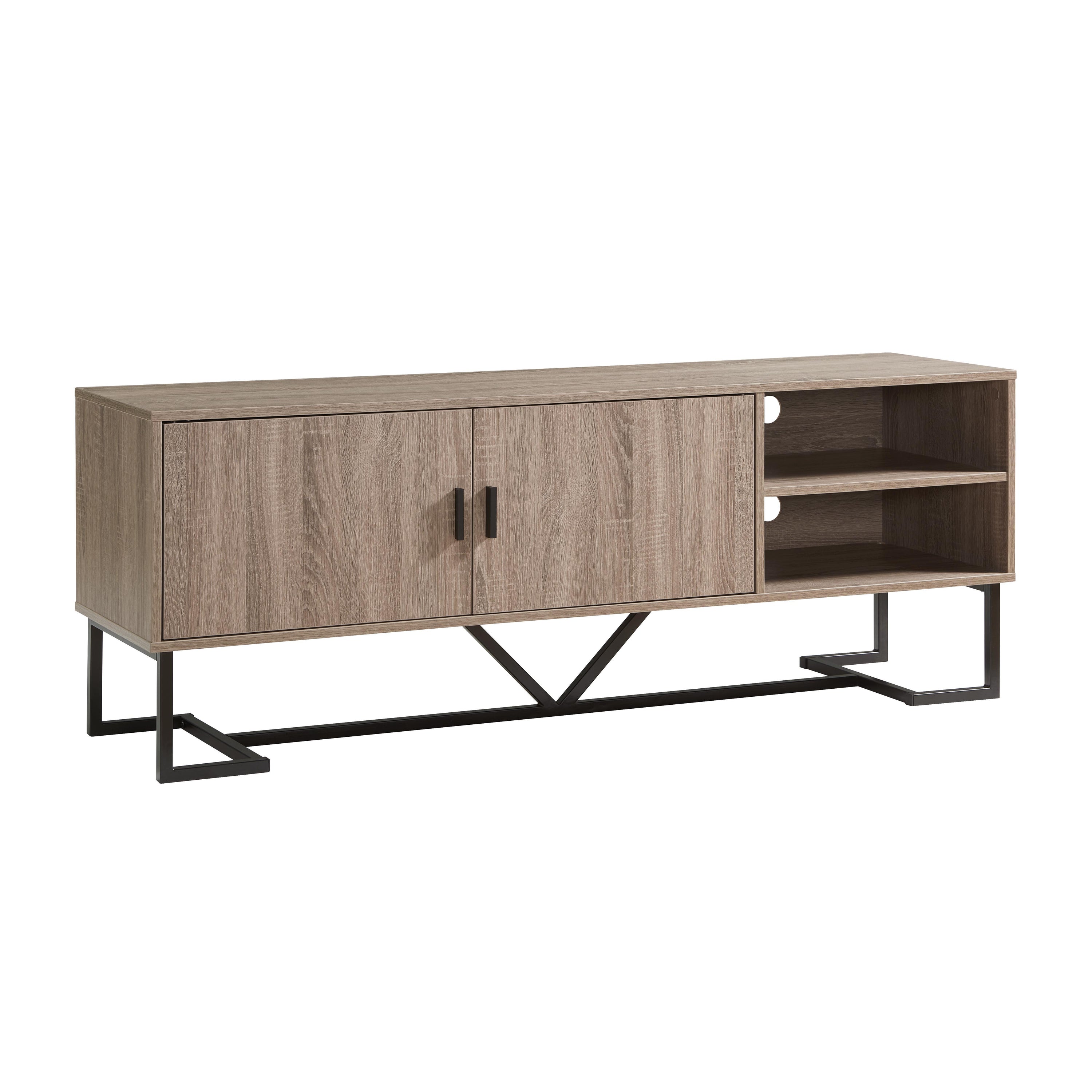 Sleek TV Stand With Black Metal Legs Stylish Storage With Open Shelves & Cabinets - Dark Taupe