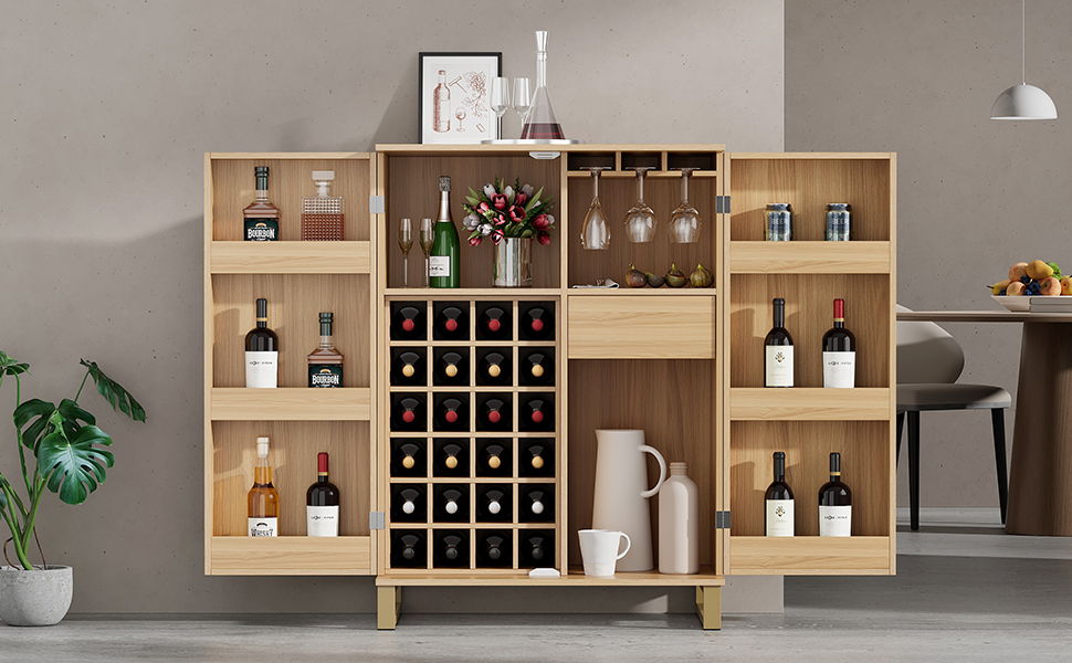 Modern Home Bar Cabinet Carved Wine Cabinet With Storage - Natural