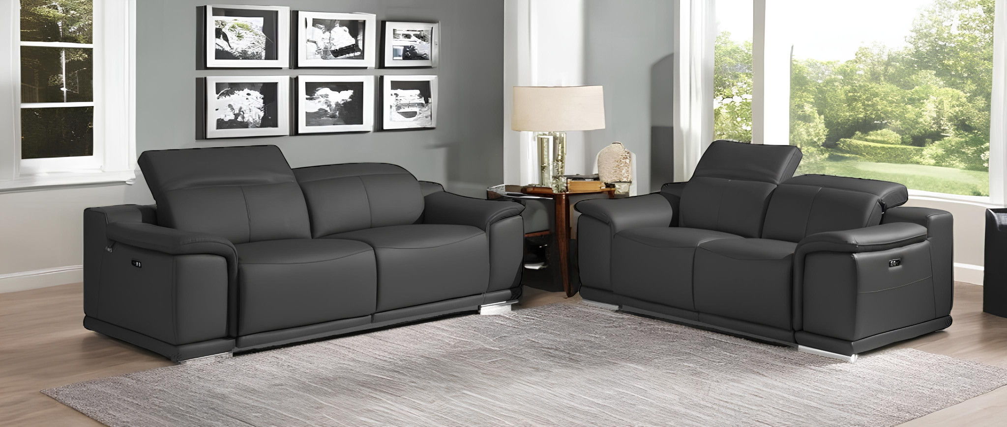 2 Piece Five Person Seating Set Indoor Italian Leather - Dark Gray