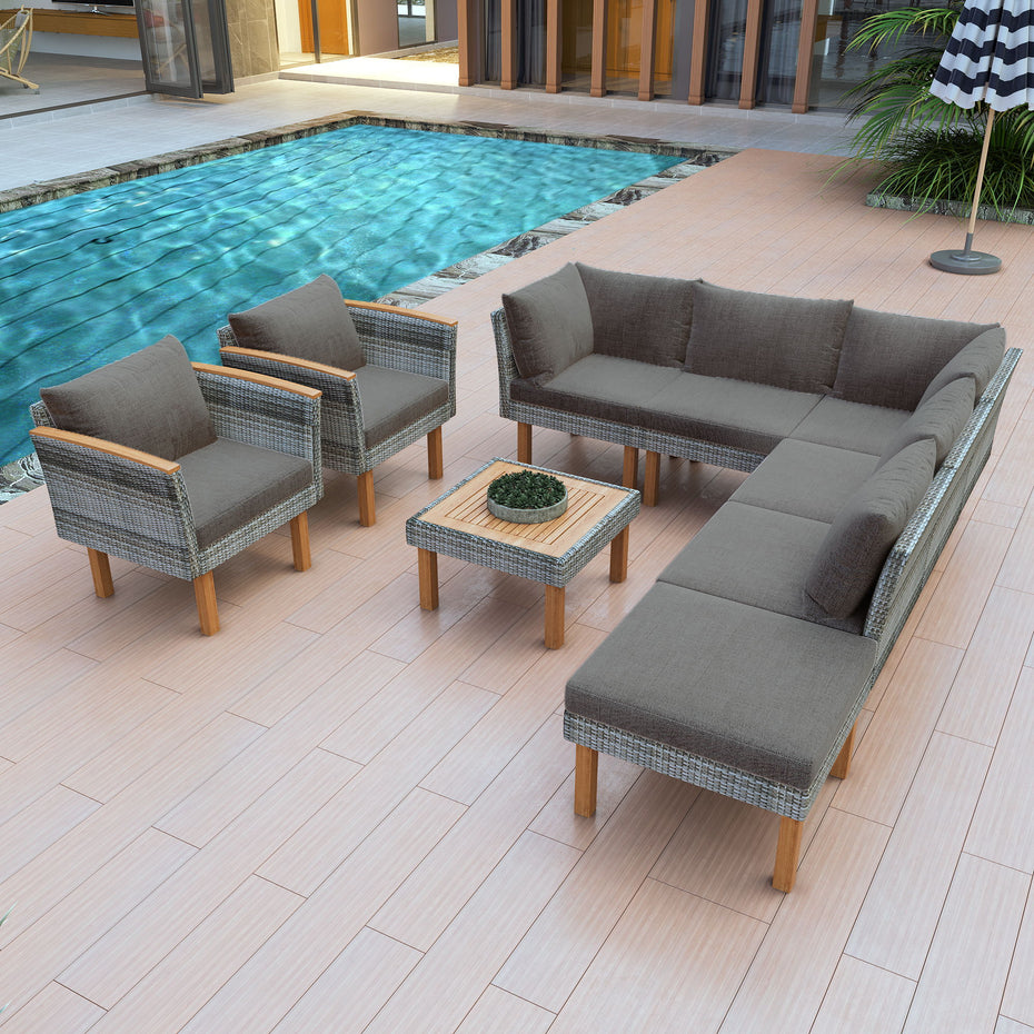 9 Piece Patio Rattan Furniture Set, Outdoor Conversation Set With Acacia Wood Legs And Tabletop, PE Rattan Sectional Sofa Set With Coffee Table, Washable Cushion