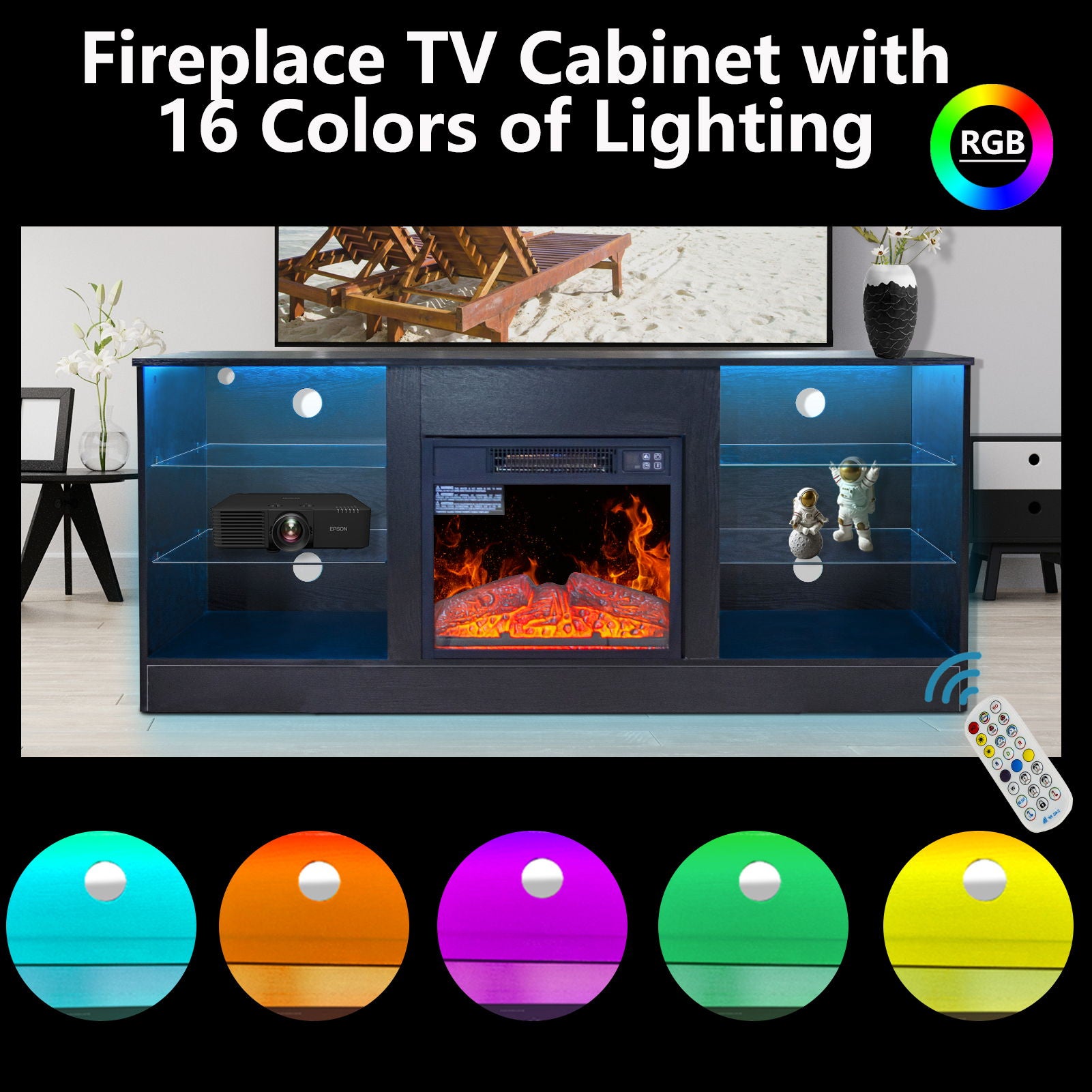 Fireplace TV Stand With 18" Electric Fireplace Heater, Modern Entertainment Center For TVs Up To 62" With Adjustable Glass Shelves And Storage Cabinets