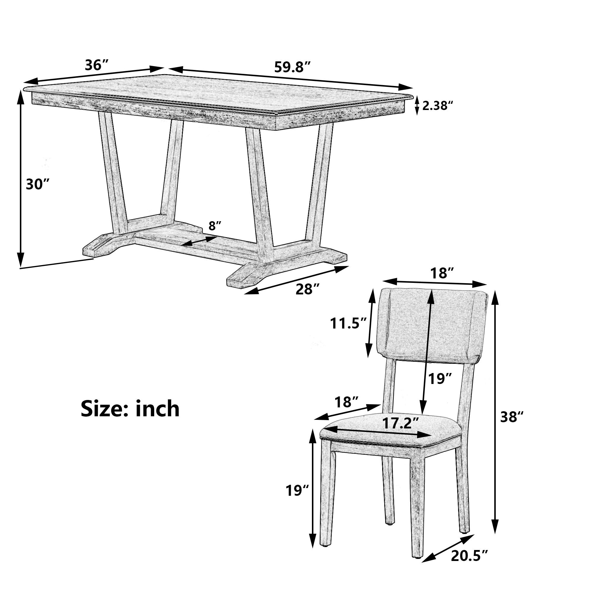 Topmax - 5 Piece Rustic Dining Table Set With 4 Upholstered Chairs, Rectangular Dining Table With Trestle Table Base