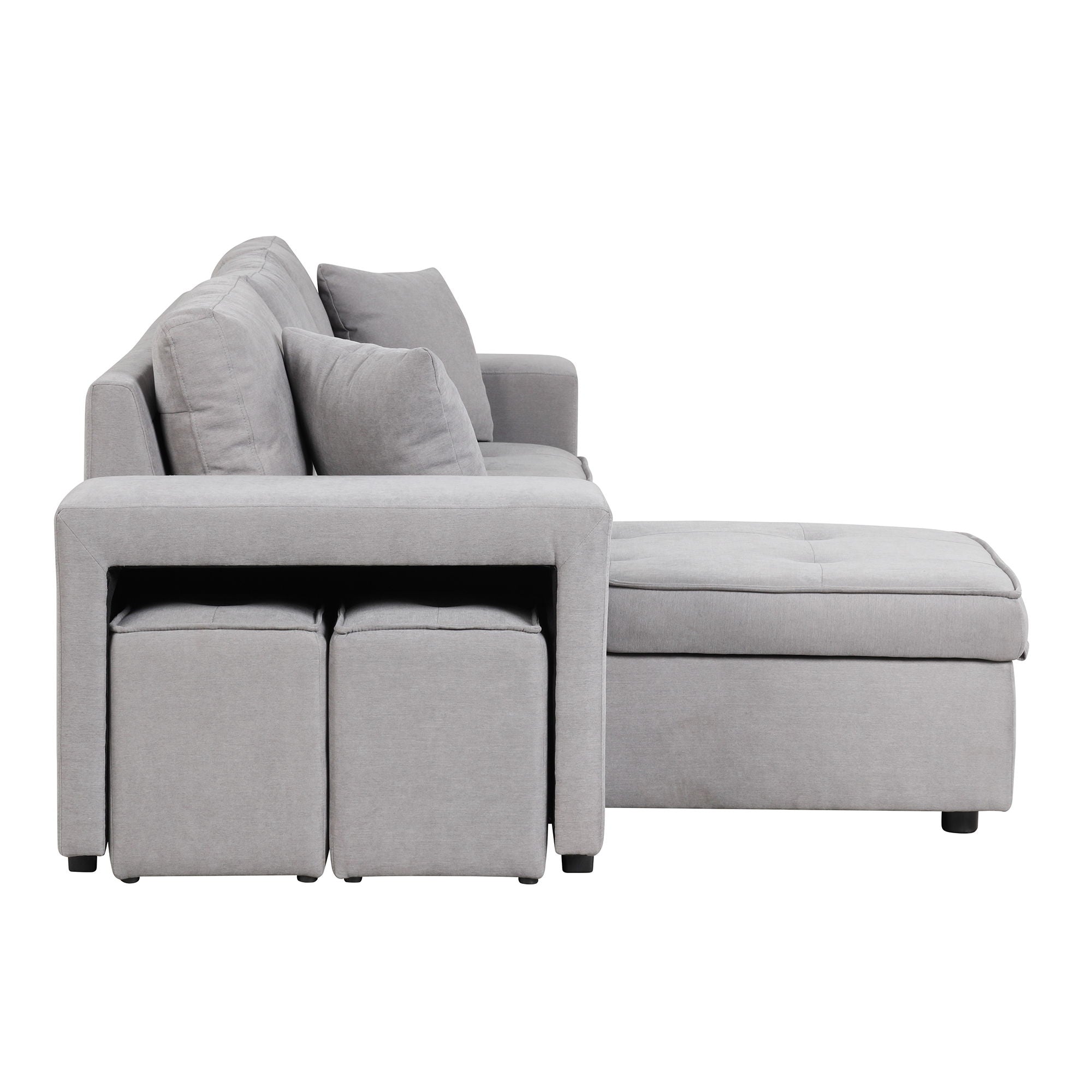 Pull Out Sleeper Sofa Reversible L-Shape 3 Seat Sectional Couch With Storage Chaise And 2 Stools For Living Room Furniture Set - Gray