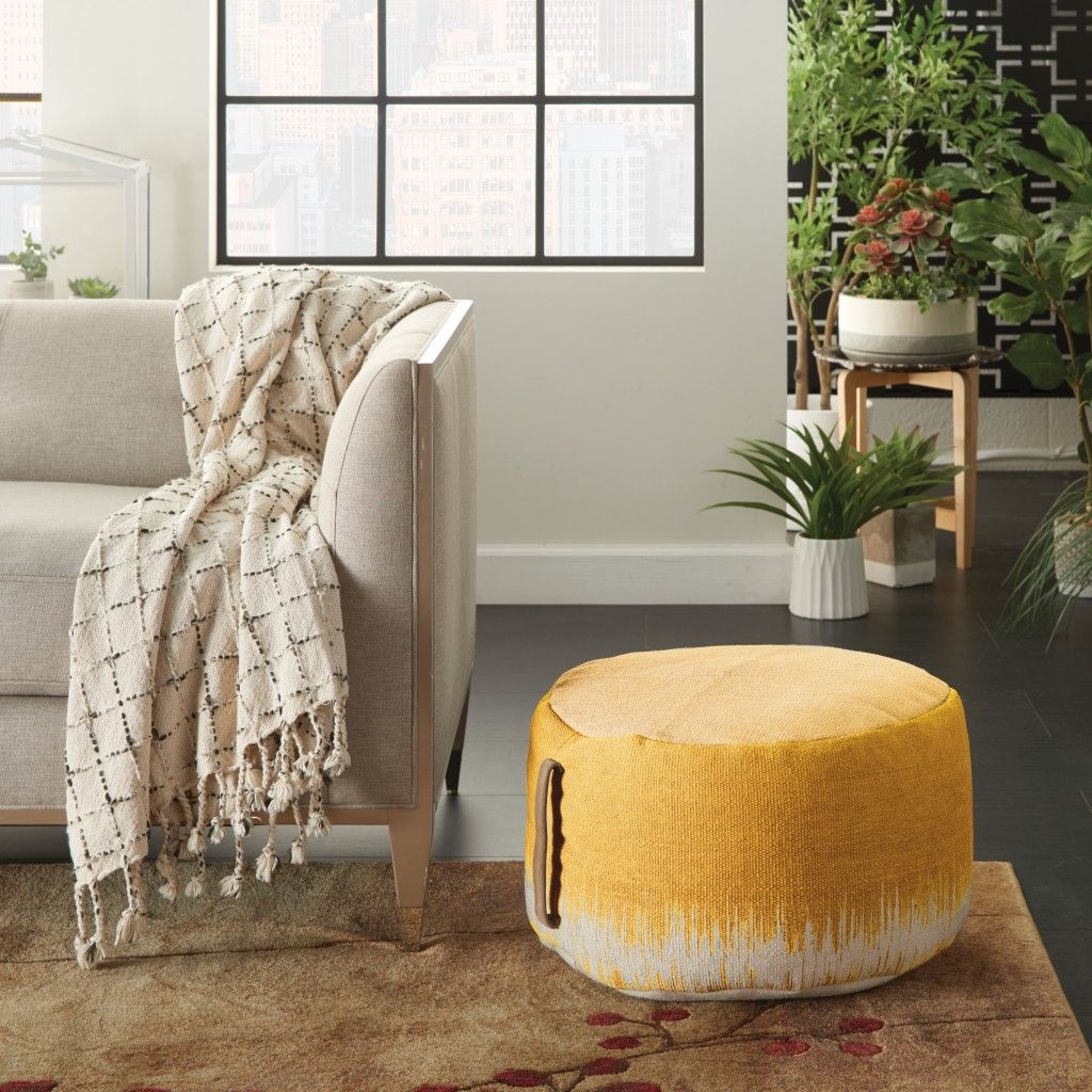 Cotton Round Abstract Pouf Ottoman - Yellow / White