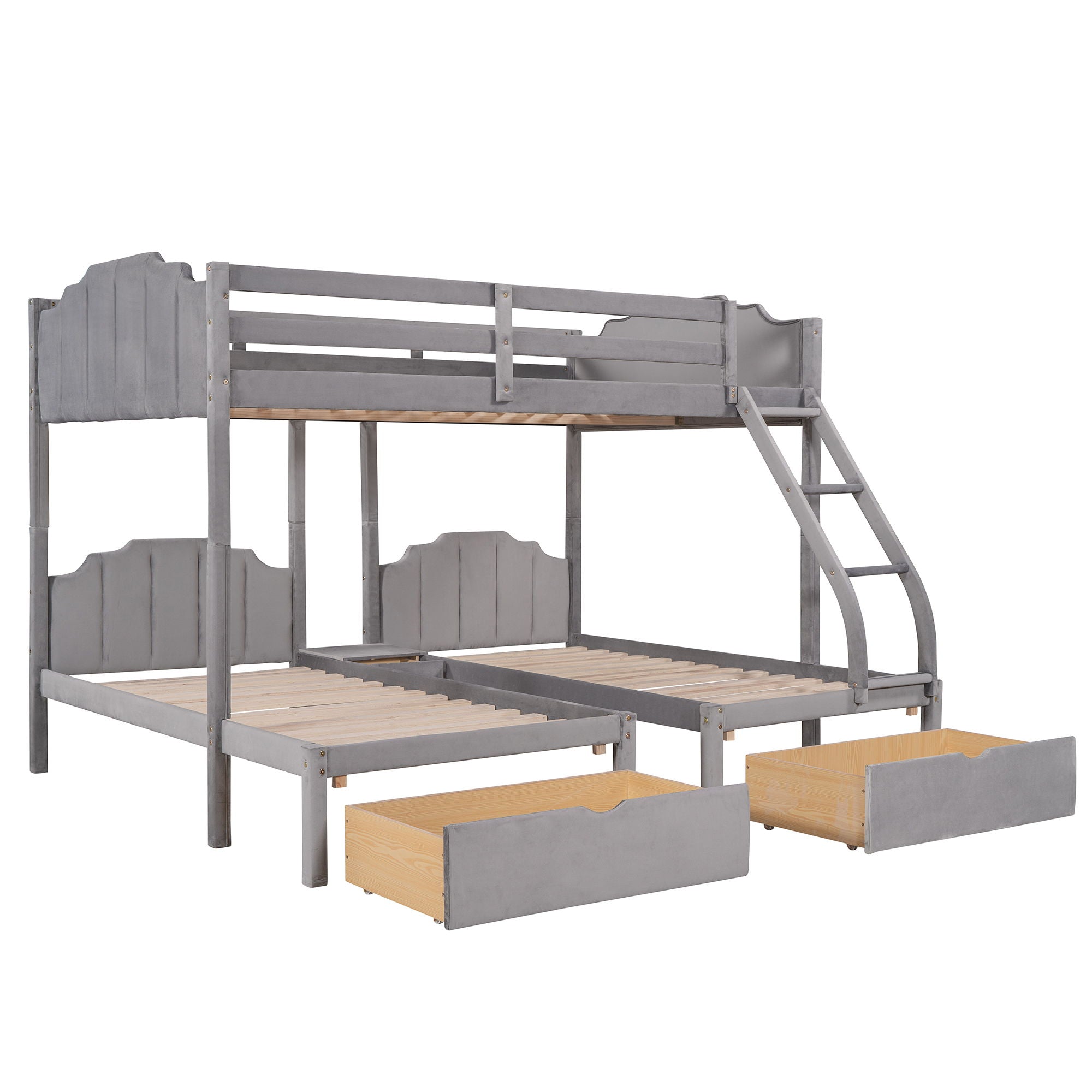 Full Over Twin & Twin Bunk Bed, Velvet Triple Bunk Bed With Drawers And Guardrails - Gray