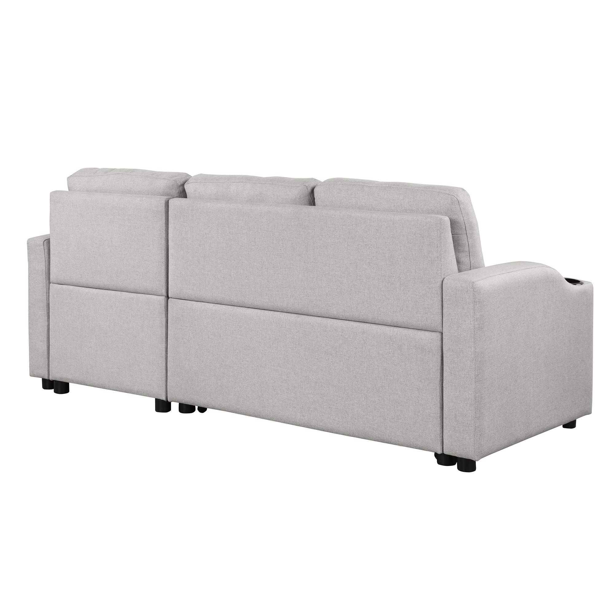 Pull Out Sofa Bed Modern Padded Upholstered Sofa Bed, Linen Fabric 3 Seater Couch With Storage Chaise And Cup Holder, Small Couch For Small Spaces