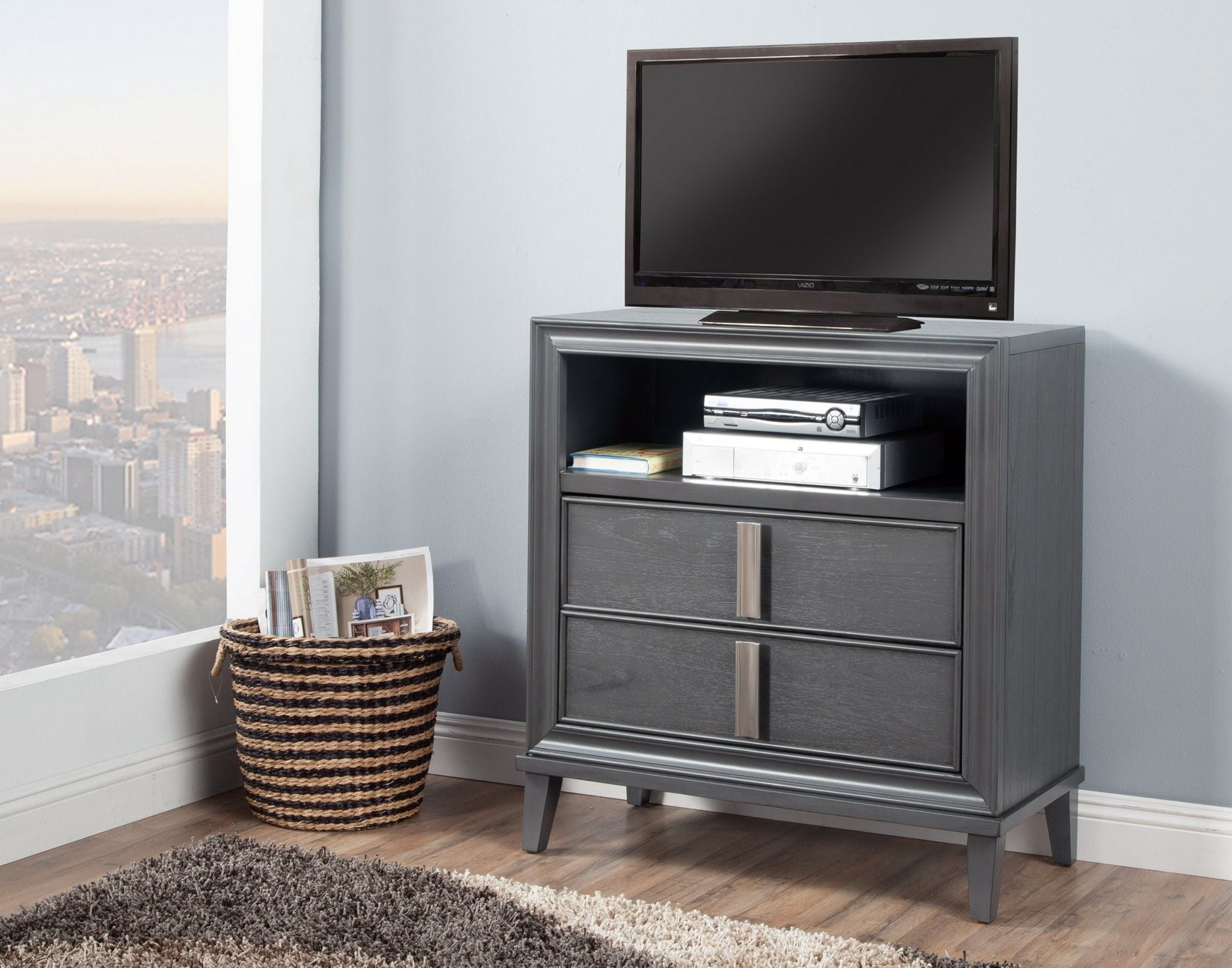 Pine Poplar Solids With Mindy And Veneer Open Shelving TV Stand - Gray