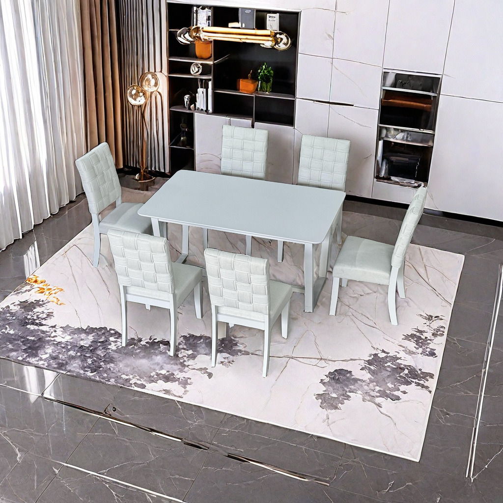 7 Pieces Dining Set Include 6 Chairs linen & Rubber Wood Legs And 1 Table - Light Beige