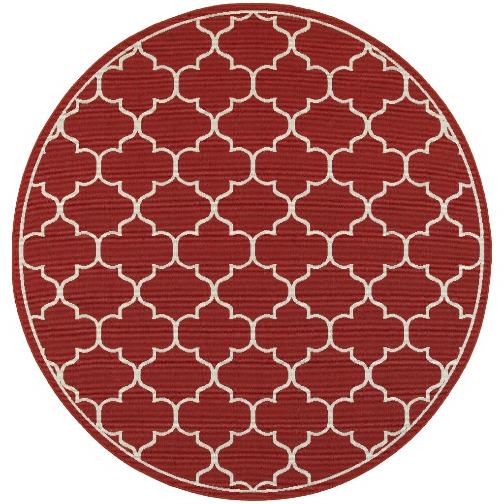 8' X 8' Round Indoor / Outdoor Area Rug - Red / Ivory