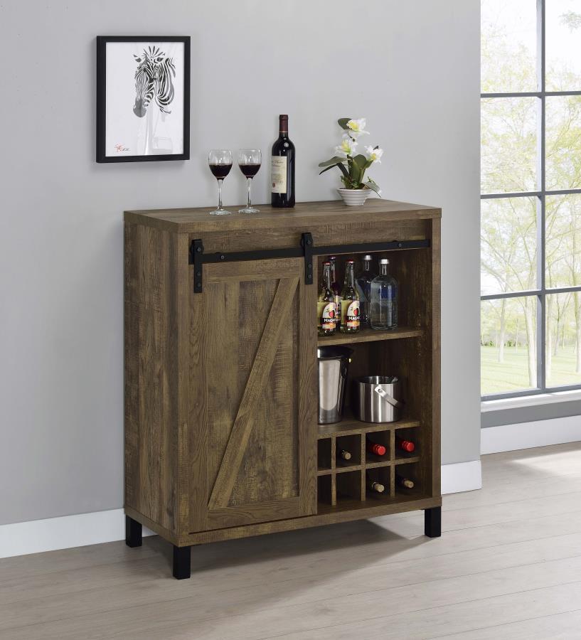 Arlington - Sliding Door Home Bar Wine Cabinet - Rustic Oak by CoasterEveryday | Bel Furniture