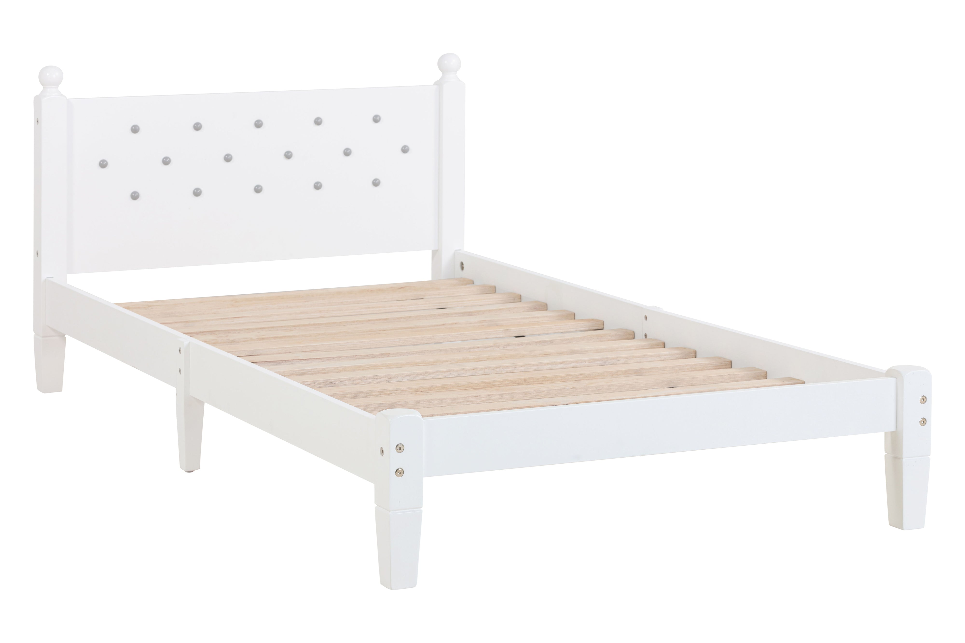 Twin Bed With Button-Decoration Headboard, With Bed Slats - White