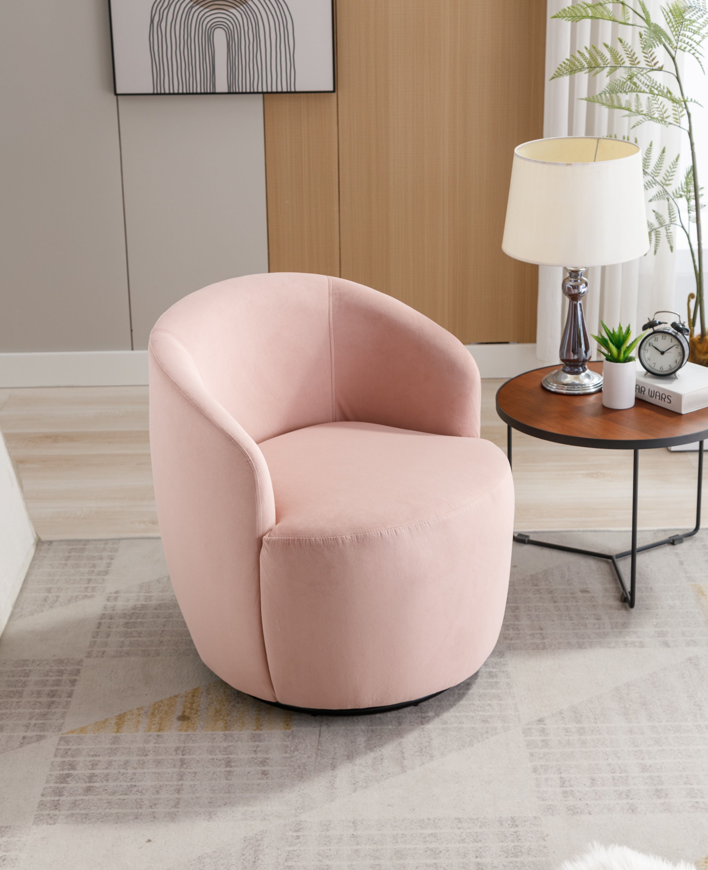 Velvet Fabric Swivel Accent Armchair Barrel Chair With Powder Coating Metal Ring