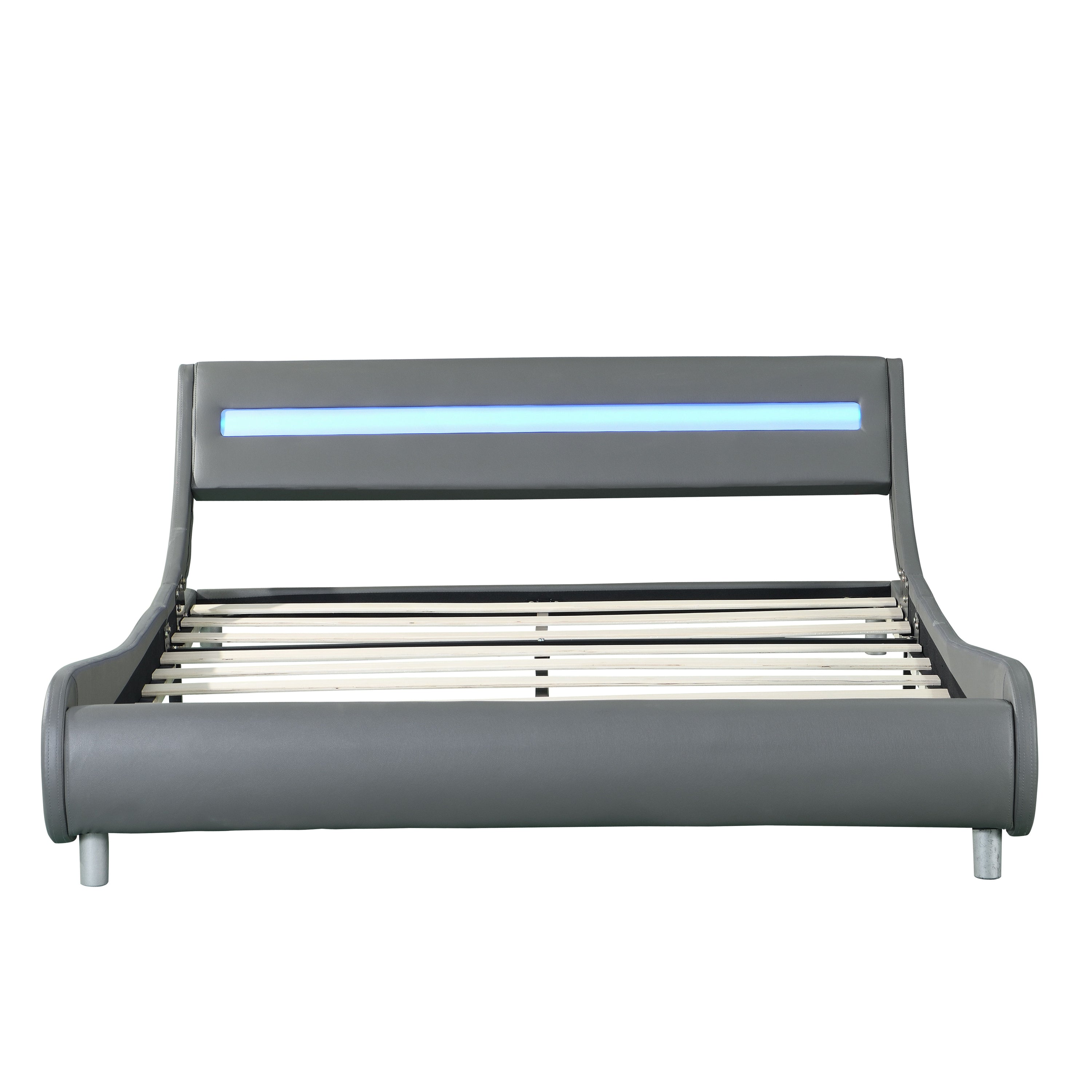 Queen Size Upholstered Platform Bed Frame With LED Lighting, Curve Design, Wood Slat Support, No Box Spring Needed - Gray