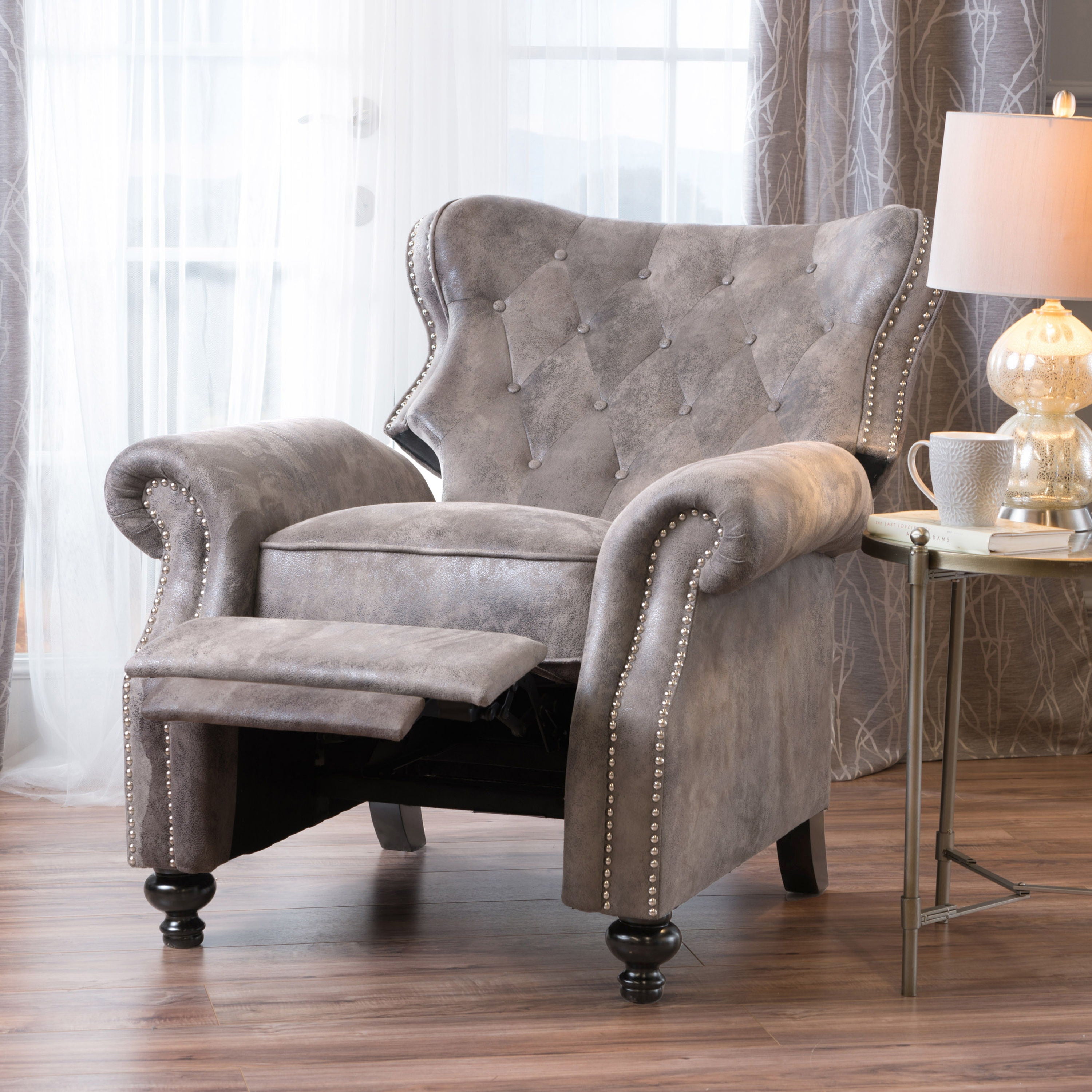 Accented Push Back Recliner Chair With Rolled Arms, Enjoy Cocooning Comfort