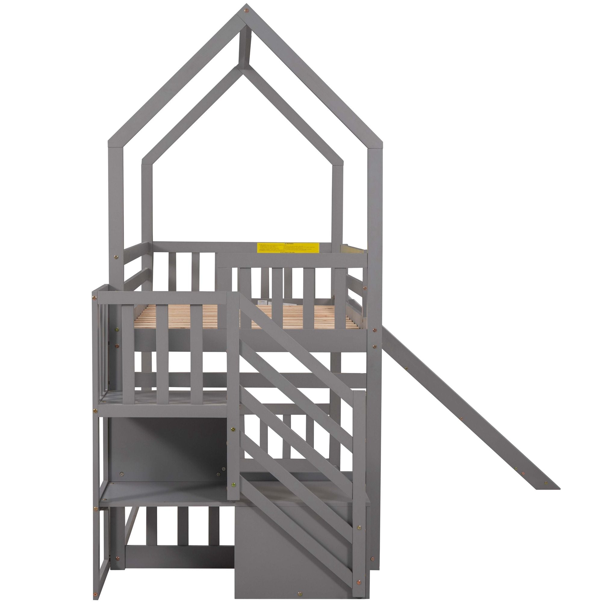 Twin Over Twin House Bunk Bed With Convertible Slide, Storage Staircase