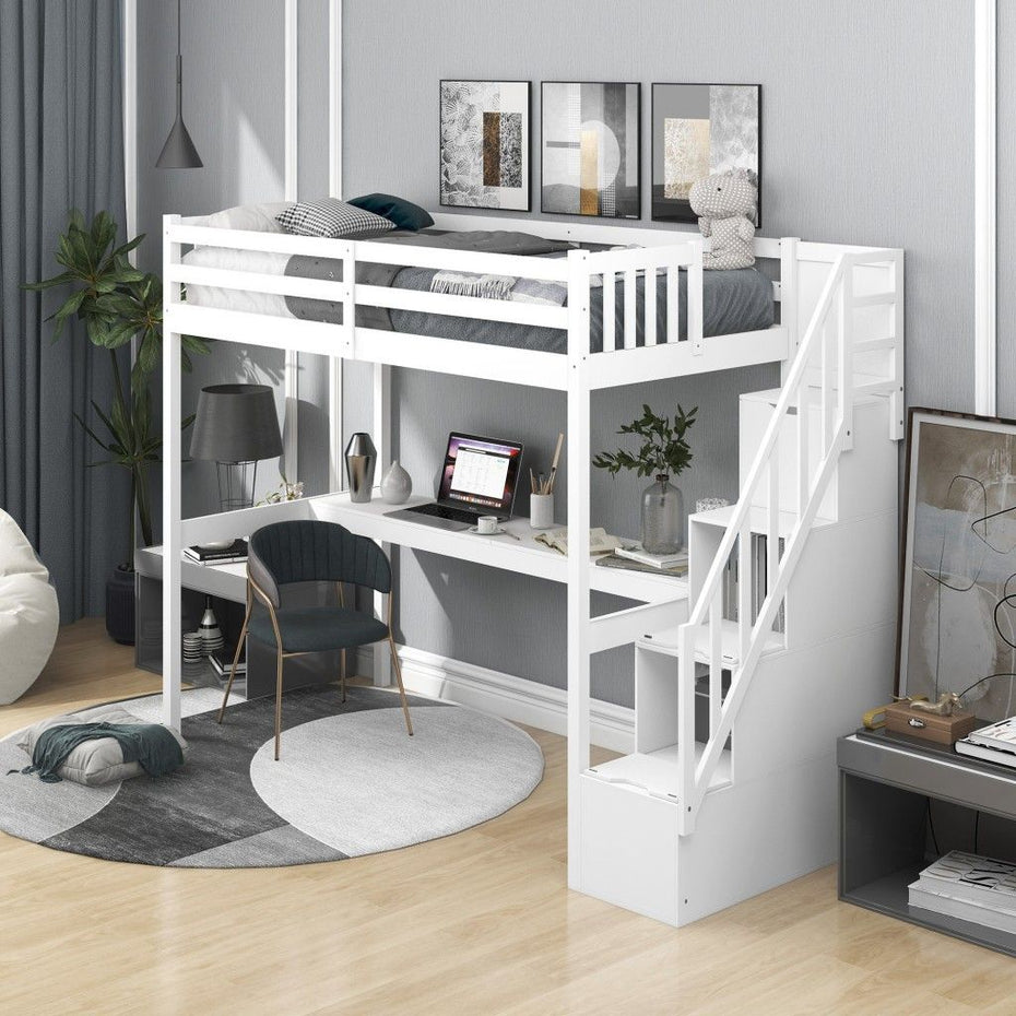 Twin Size Loft Bed with Built In Desk and Stairway - White