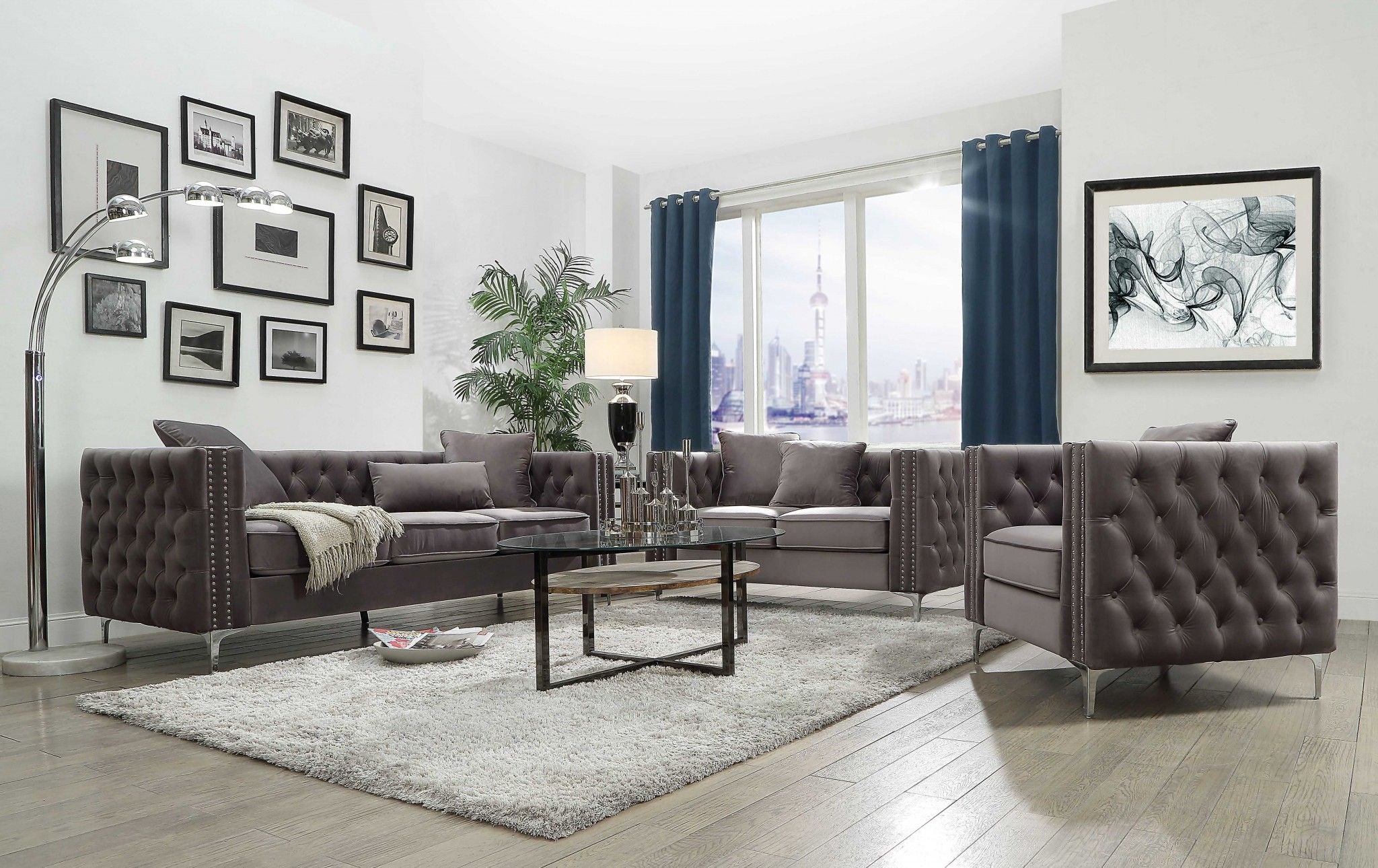 Velvet Sofa With Silver Legs - Dark Gray