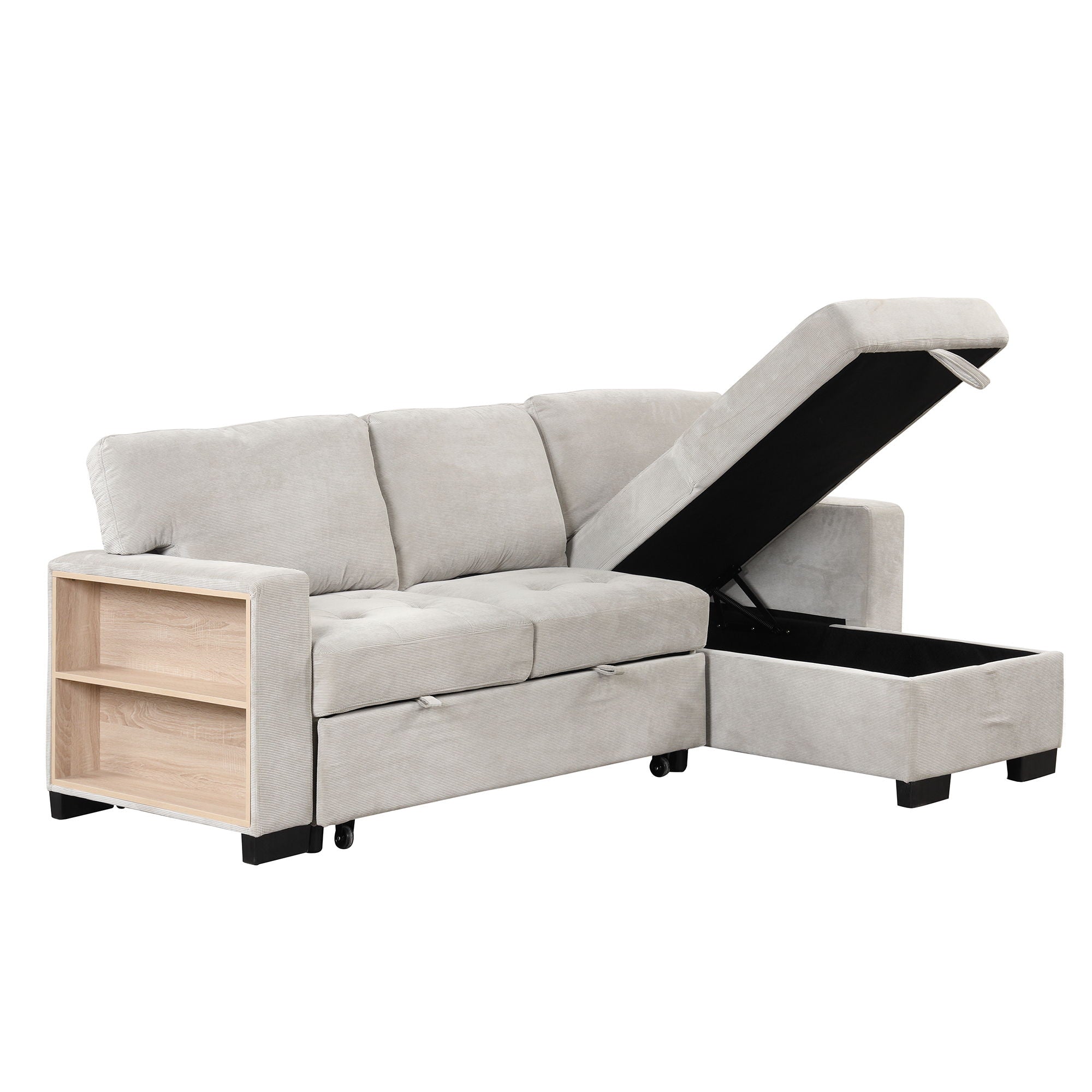 Stylish And Functional Light Chaise Lounge Sectional With Storage Rack Pull-Out Bed Drop Down Table And USB Charger