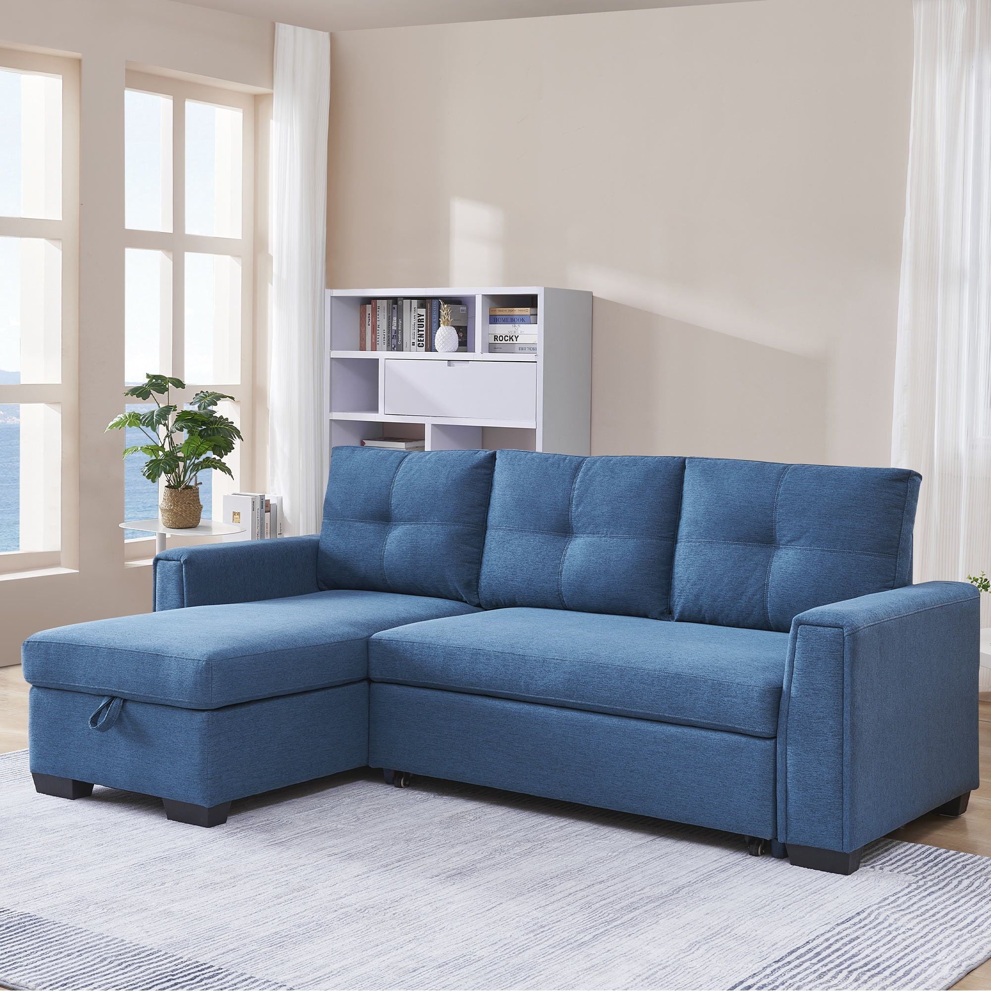 Polyester Blend Convertible Futon Sleeper Sofa With Black Legs - Blue