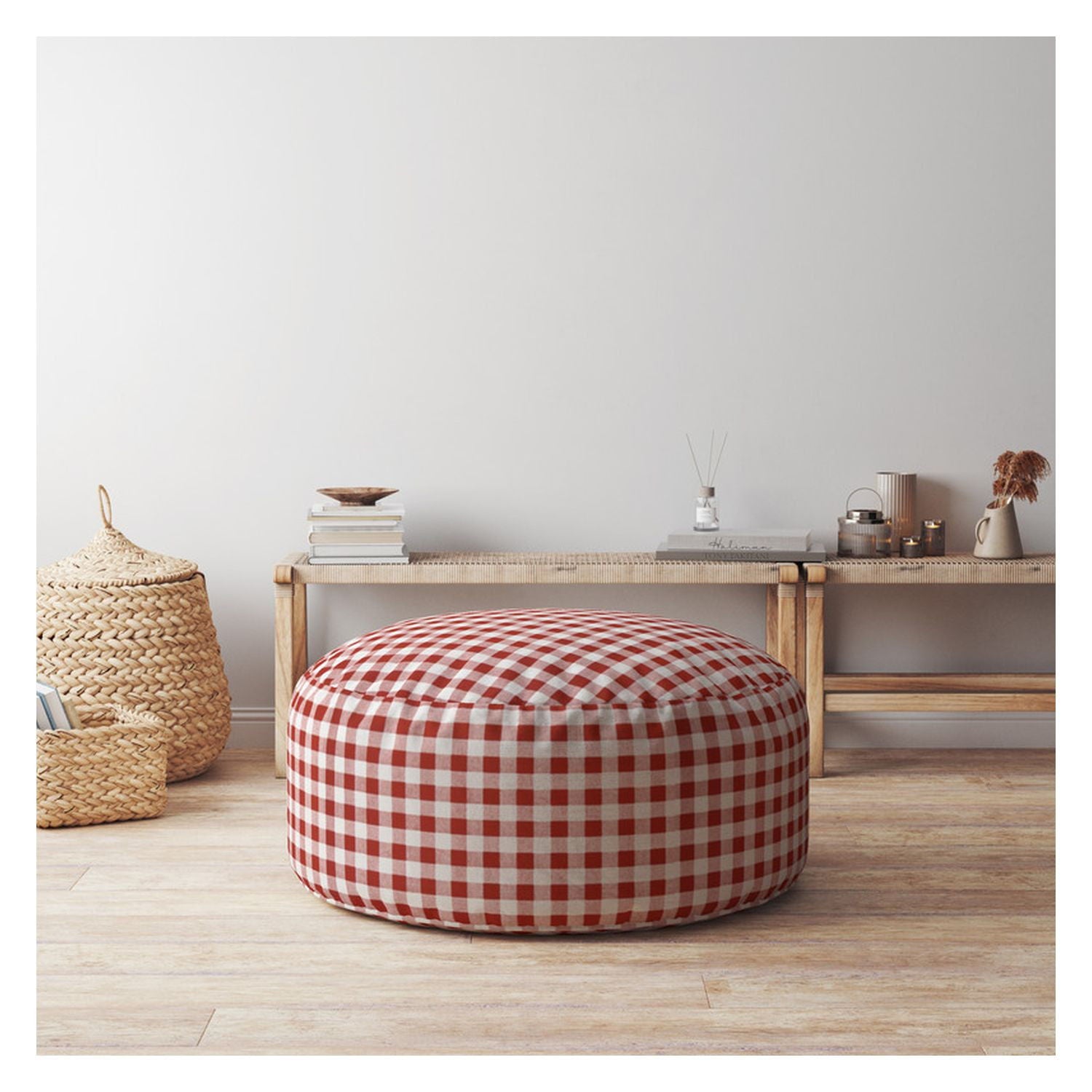 Cotton Round Gingham Pouf Ottoman - Red / White