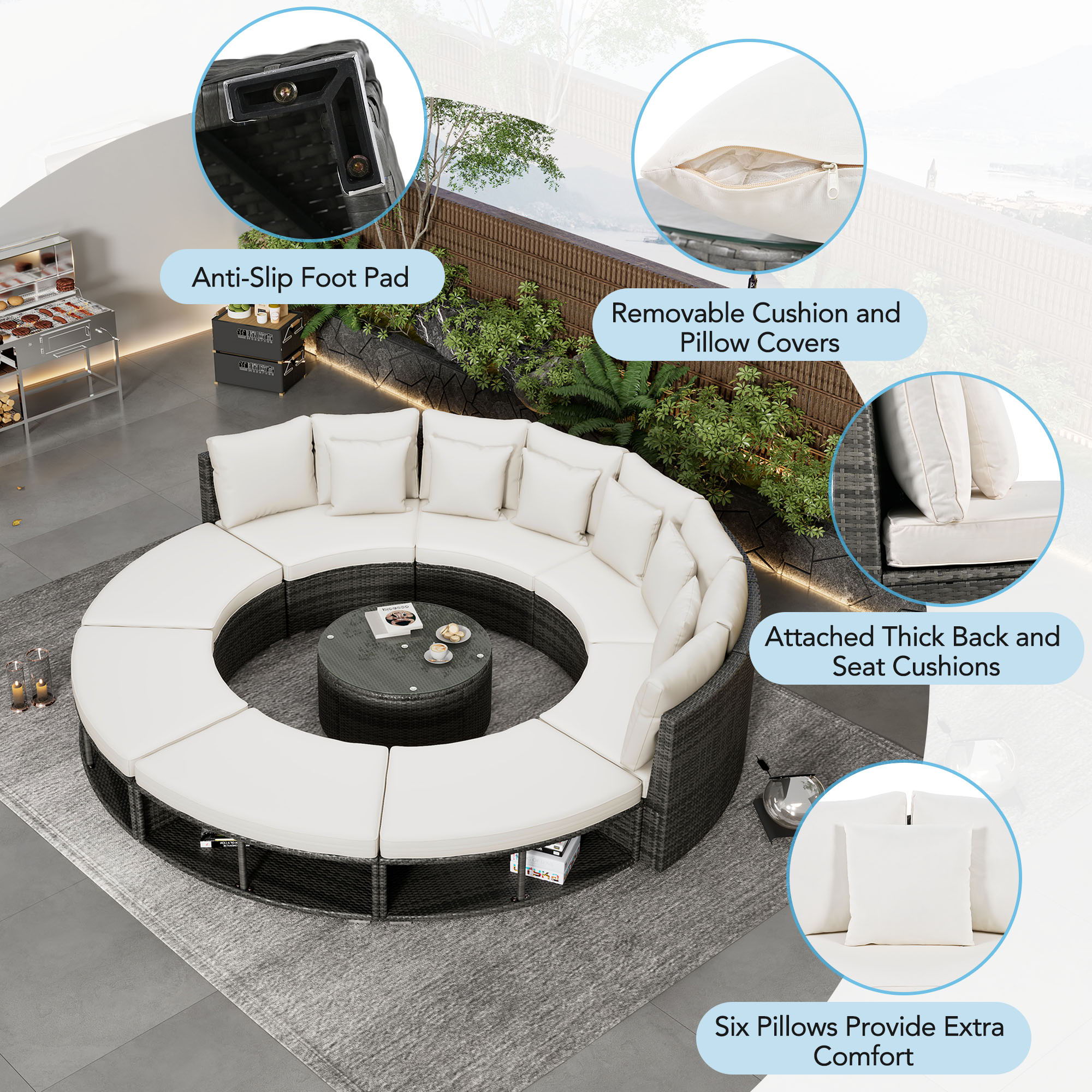 Outdoor Patio Furniture Luxury Circular Sofa Set Rattan Wicker Sectional Sofa Lounge Set With Tempered Glass Coffee Table, 6 Pillows