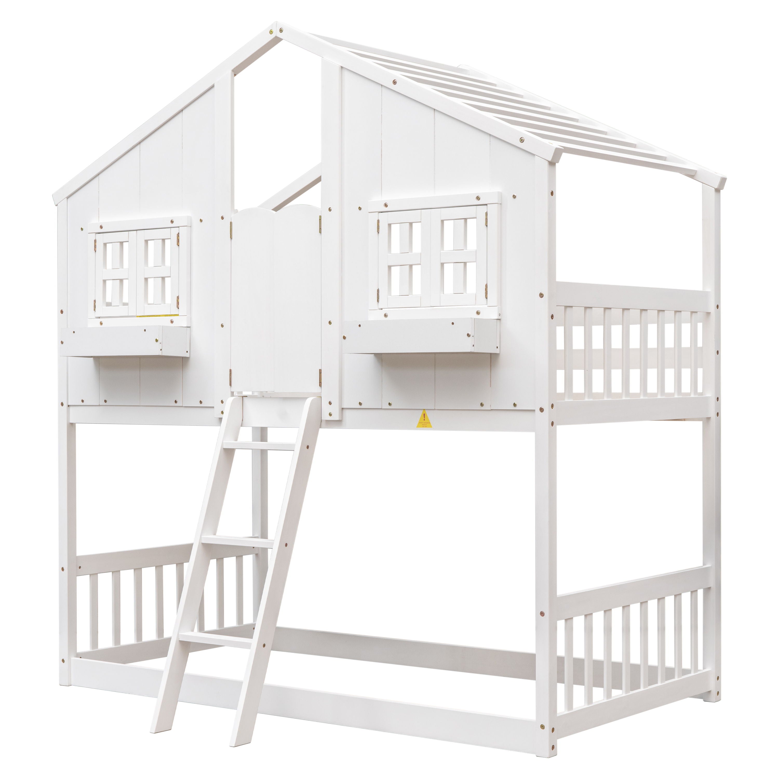 House Bunk Bed With Roof, Window, Window Box, Door, With Safety Guardrails And Ladder