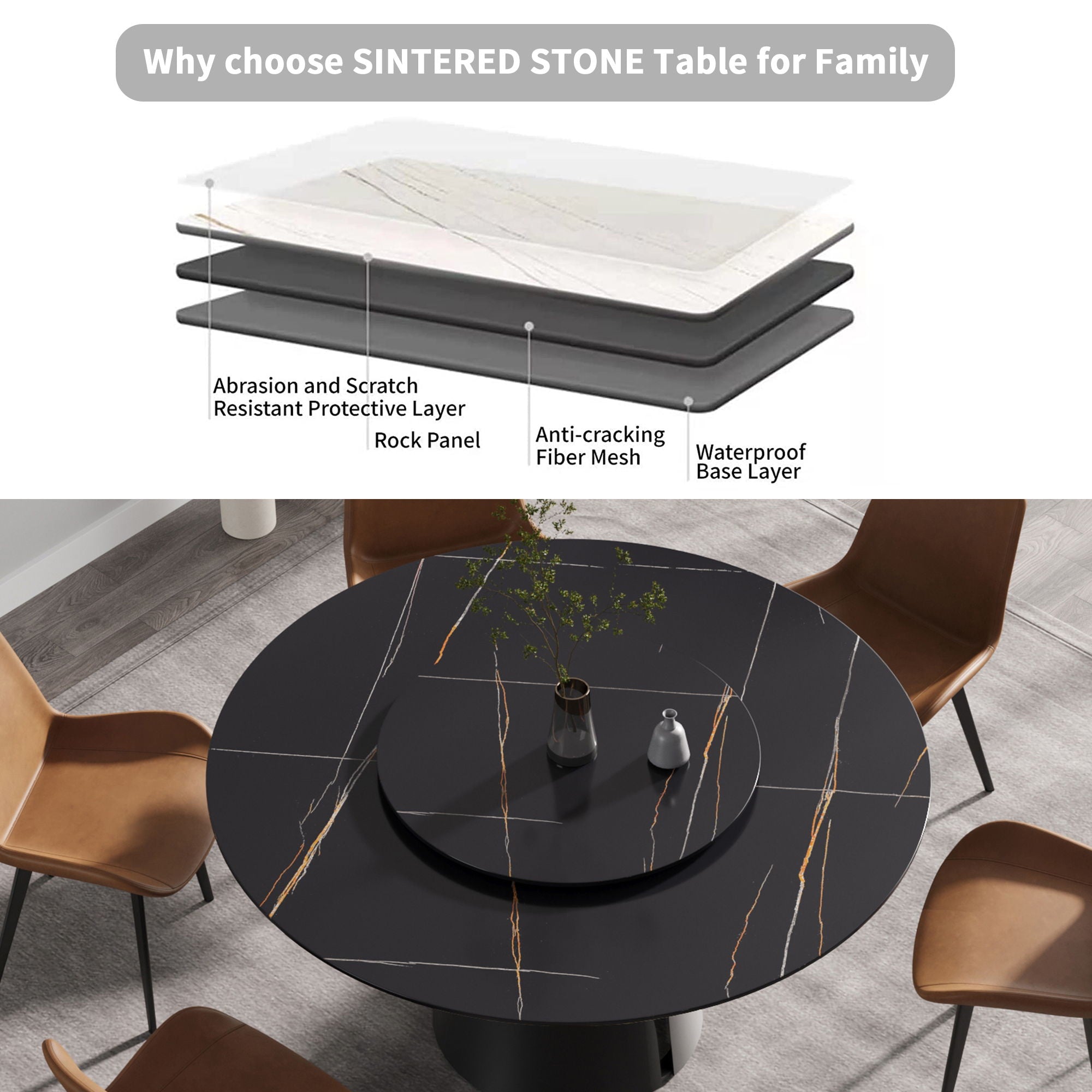 53.15" Round Modern Artificial Stone Carbon Steel Base Dining Table, Can Accommodate 6 People - Black / Gold