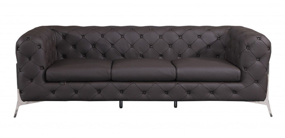 Italian Leather Sofa With Silver Legs - Dark Brown