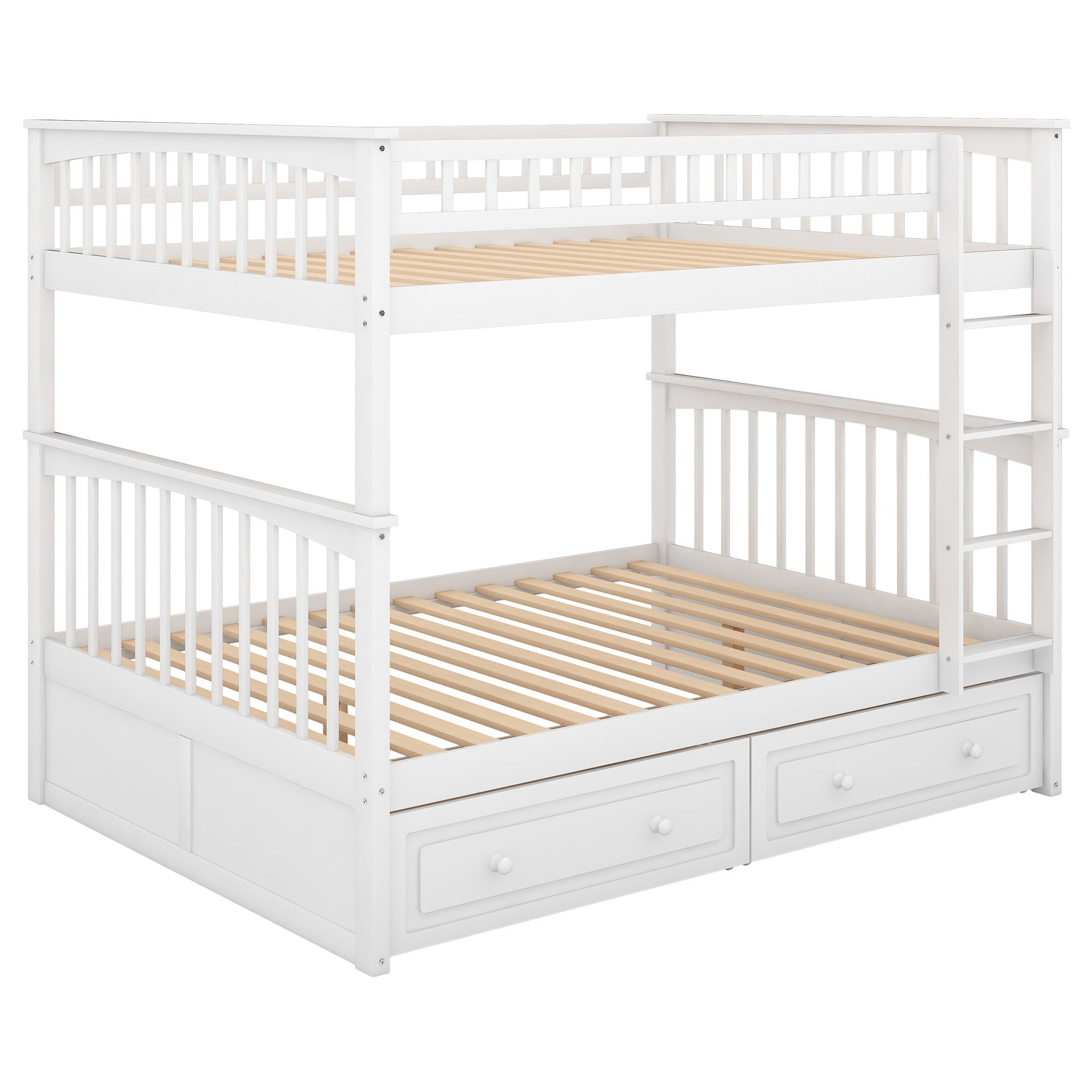 Full Over Full Bunk Bed With Drawers, Convertible Beds - White