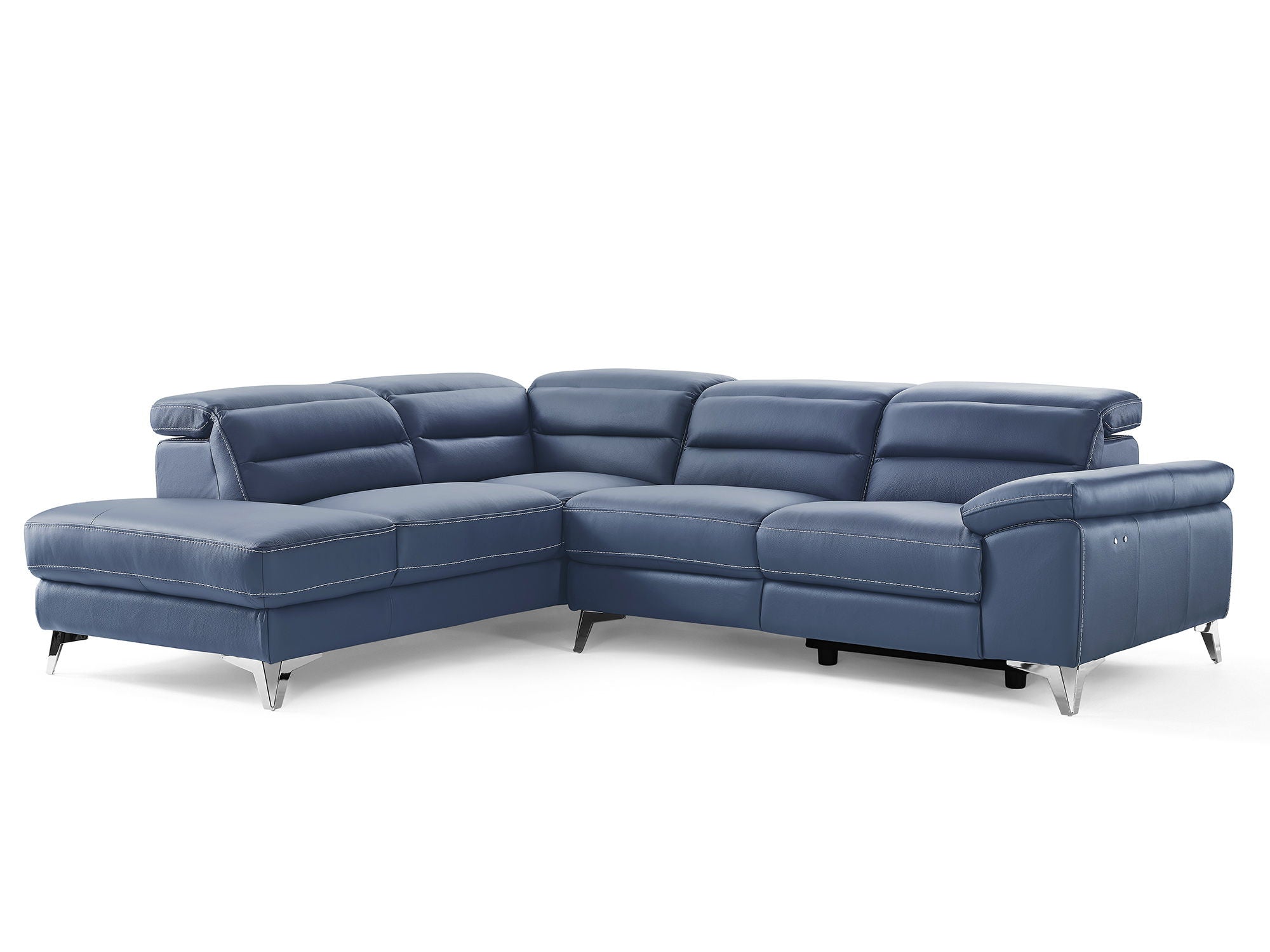 Top Grain Leather Reclining L Shaped Two Piece Sofa And Chaise Sectional - Navy Blue