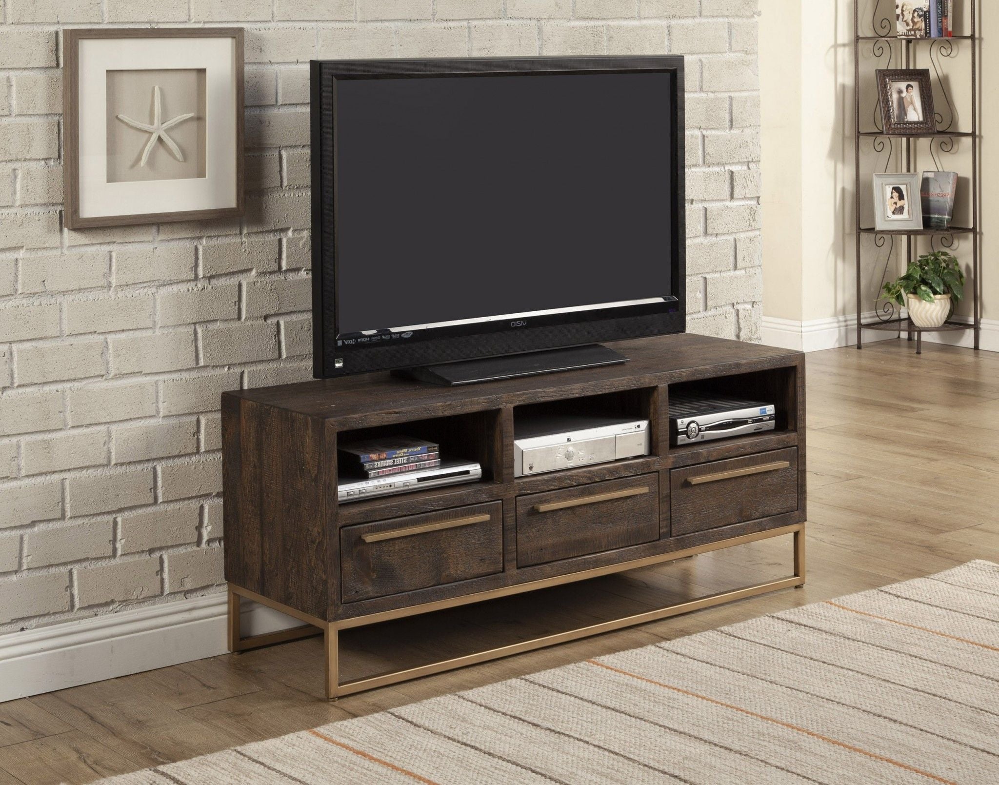 Reclaimed Pine And Plywood Open Shelving TV Stand - Deep Taupe