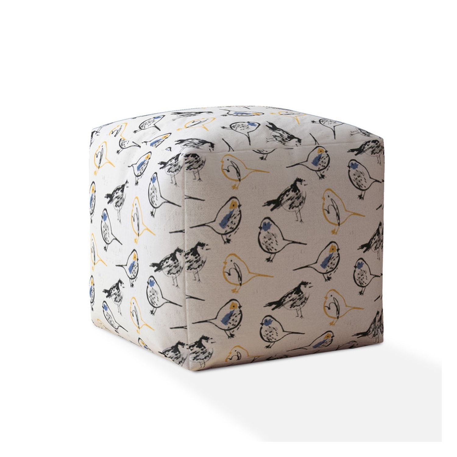 Canvas Birds Pouf Ottoman - Yellow / White