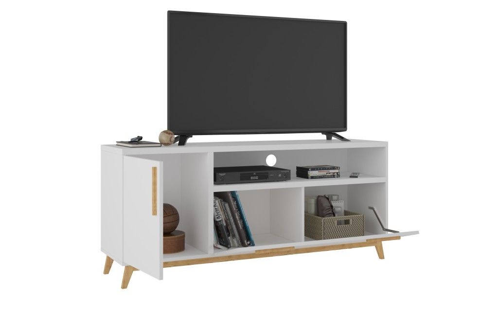 Modern Long Door TV Stand - White / Natural