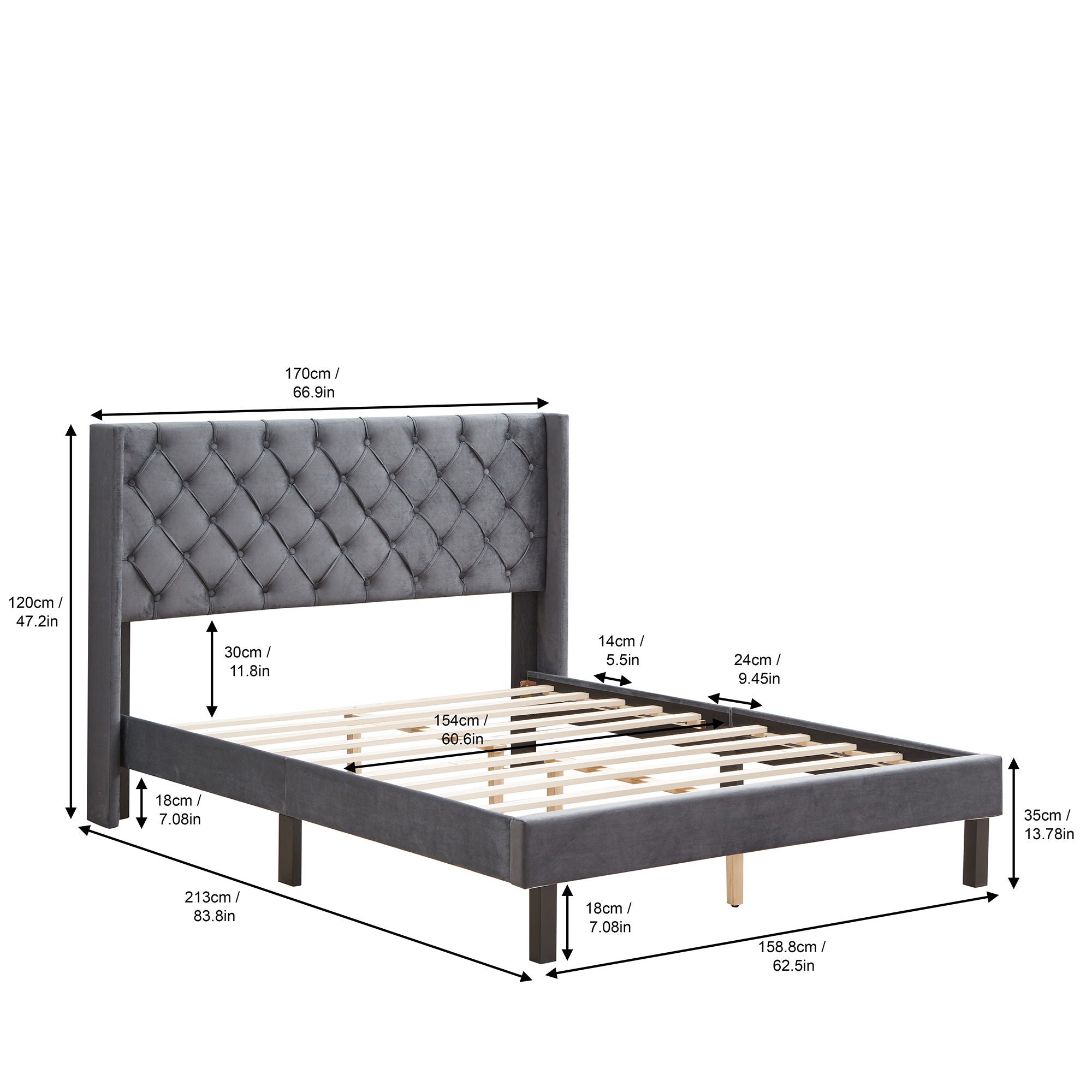 Velvet Button Tufted-Upholstered Bed With Wings Design Strong Wood Slat Support Queen Platform Bed - Gray