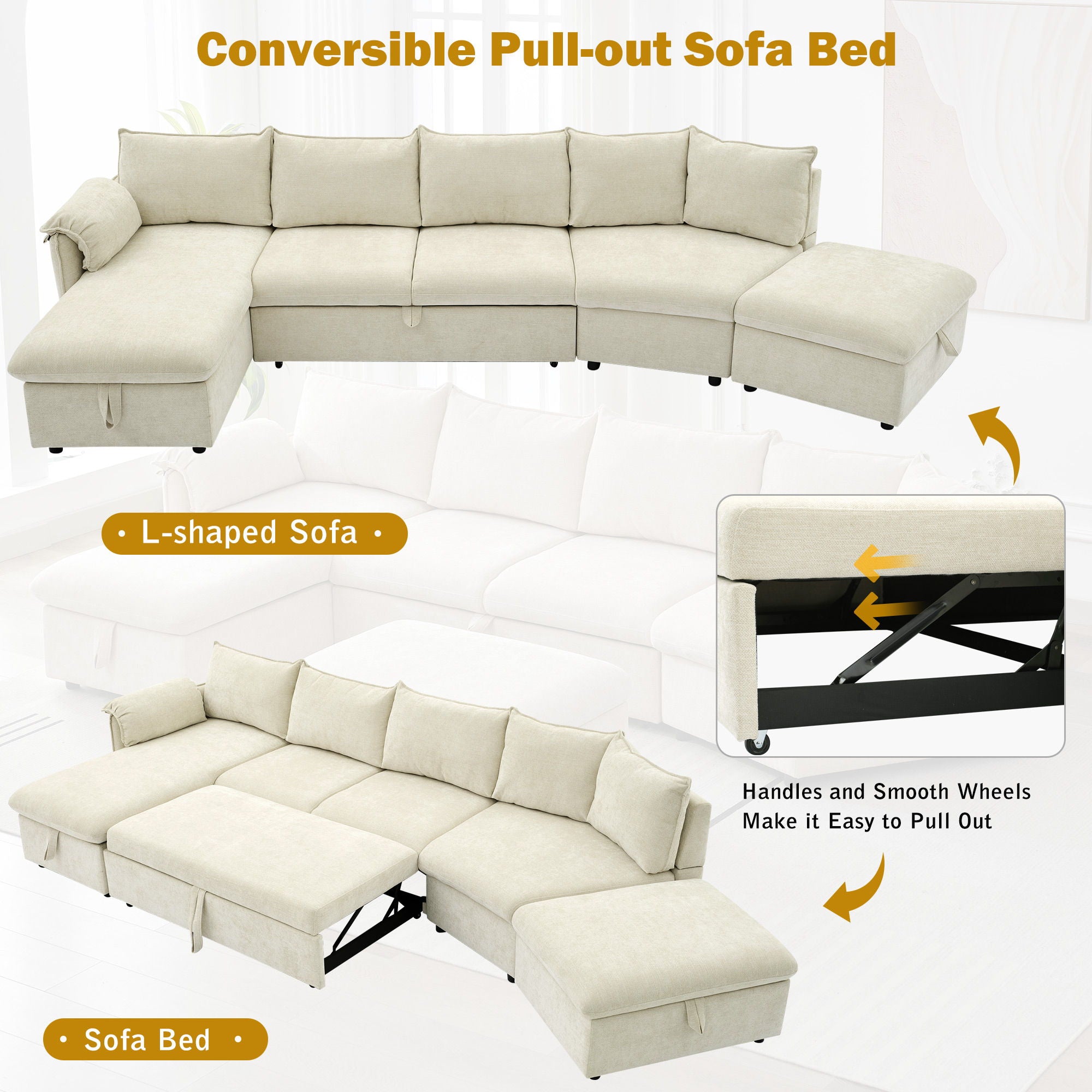 L-Shaped Sofa Sectional Sofa Couch Pull-Out Sofa Bed With A Movable Storage Ottoman, A Storage Chaise Lounge And Two USB Ports For Living Room