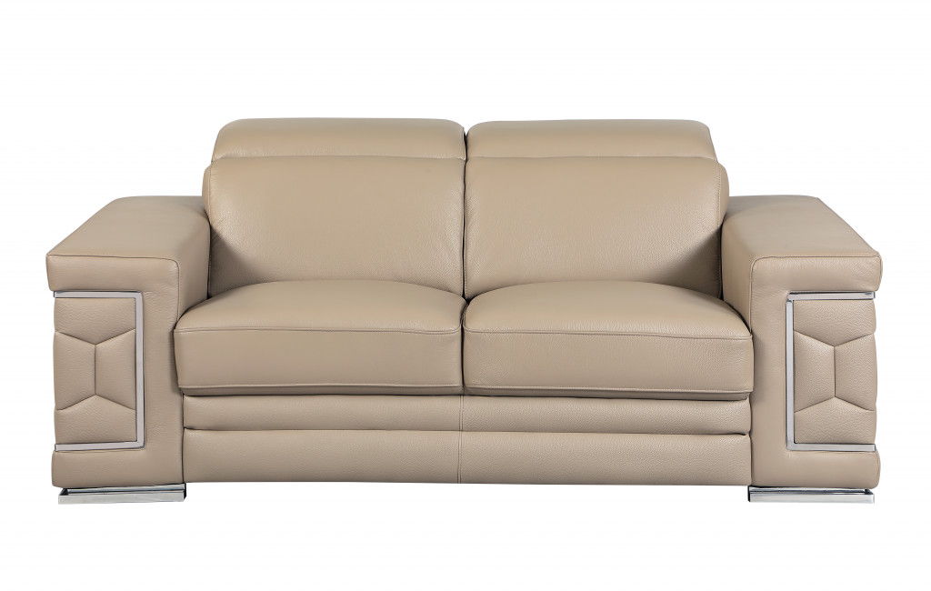 Genuine Leather Love Seat - Beige / Silver