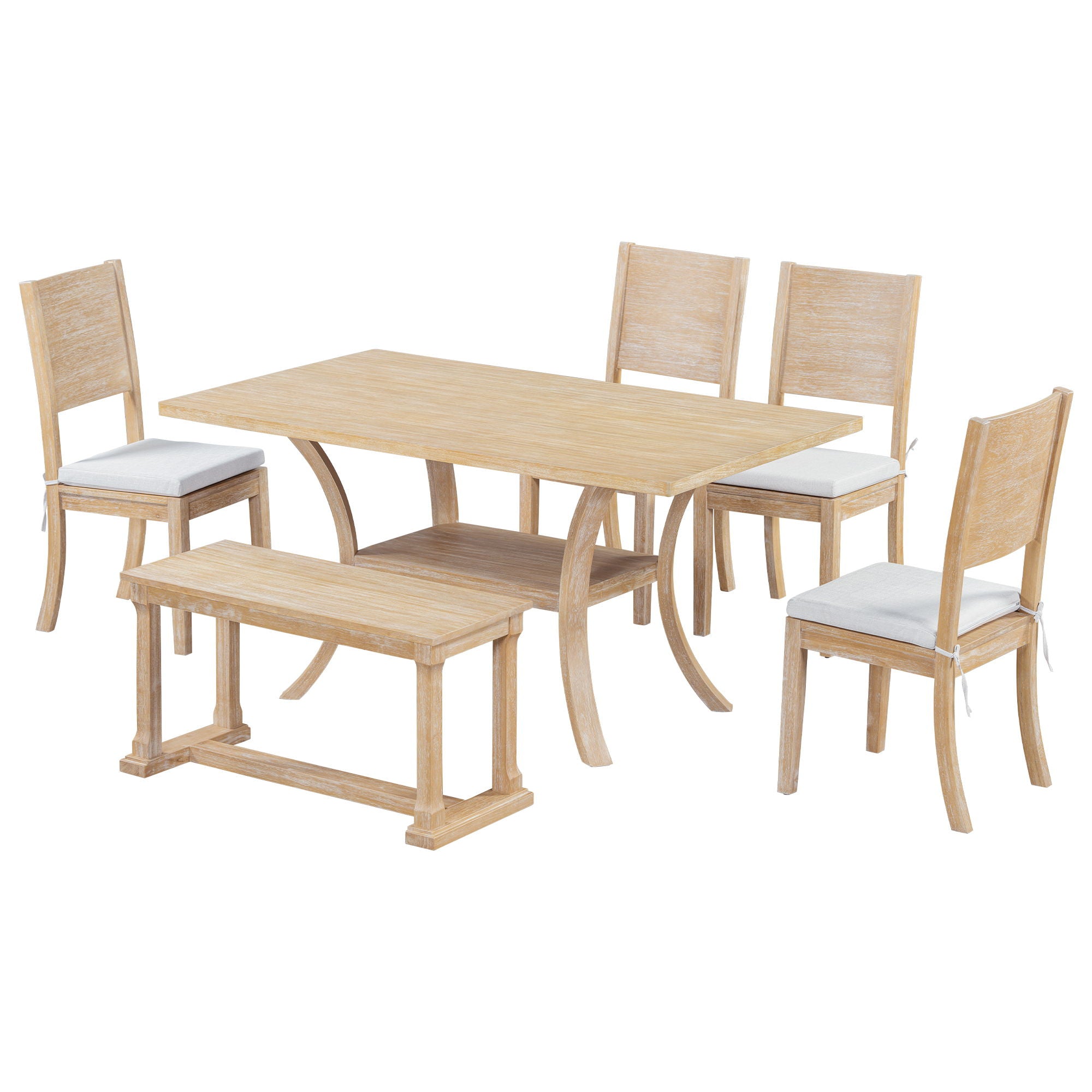 Topmax - 6 Piece Wood Dining Table Set With Storage Shelf And Curved Legs, Kitchen Table Set With Bench And 4 Removable Cushions Dining Chairs, Modern Style