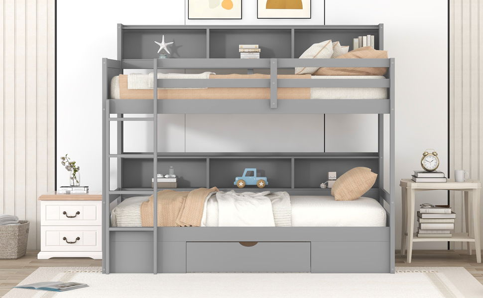 Twin Size Bunk Bed With Built-In Shelves Beside Both Upper And Down Bed And Storage Drawer