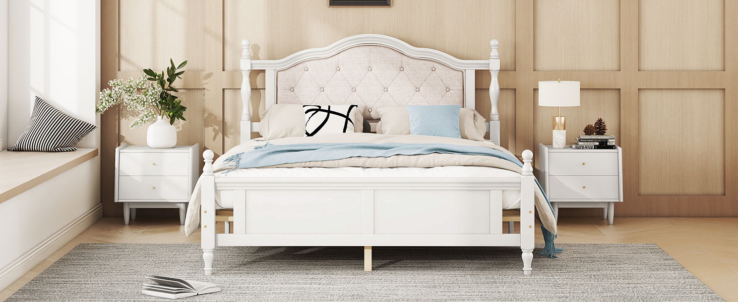 Pine Wooden Bed With Upholstered Headboard And Panel Footboard, With Two Bed Rail Support Feet And Central Platform Support Feet