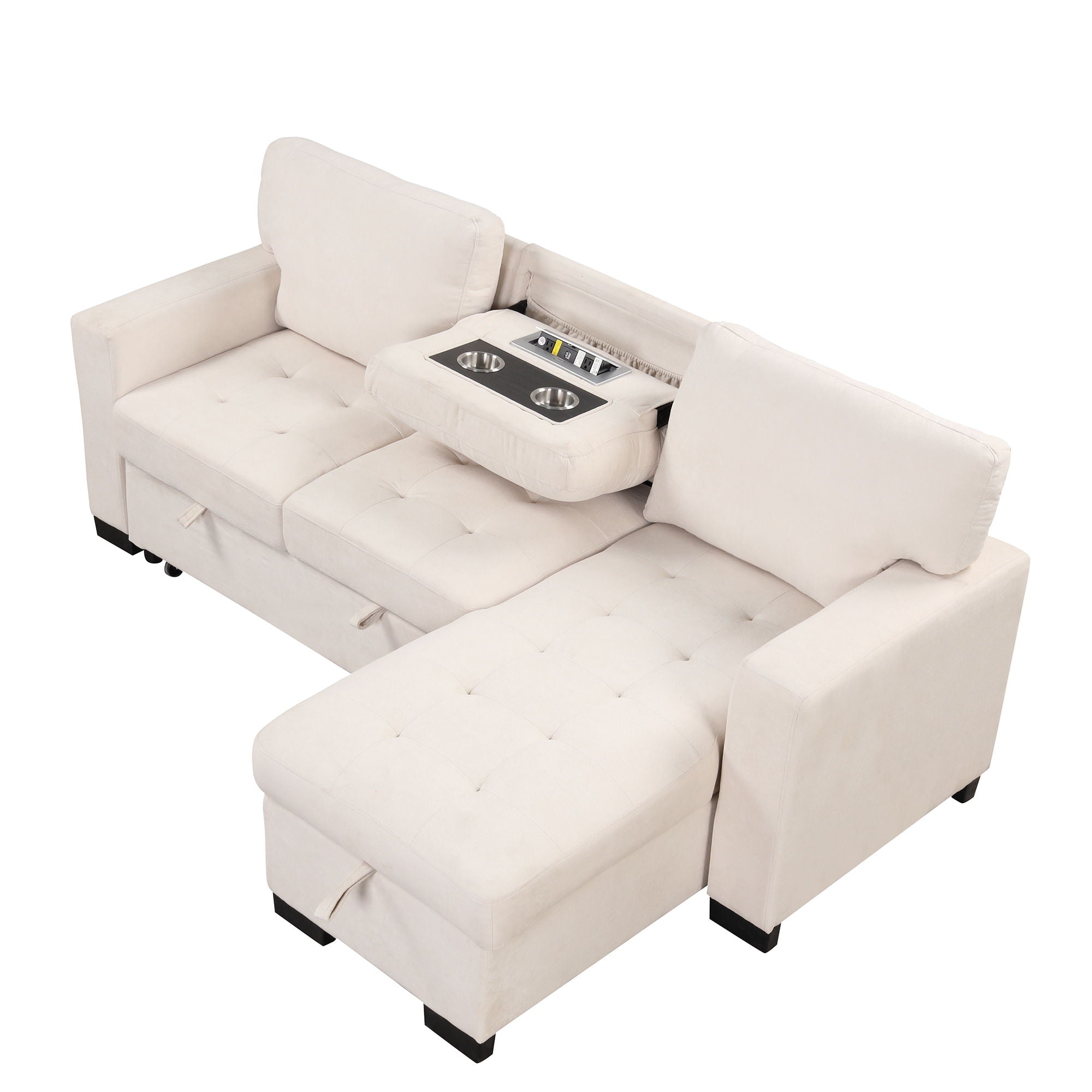 Stylish And Functional Light Chaise Lounge Sectional With Storage Rack Pull-Out Bed Drop Down Table And USB Charger