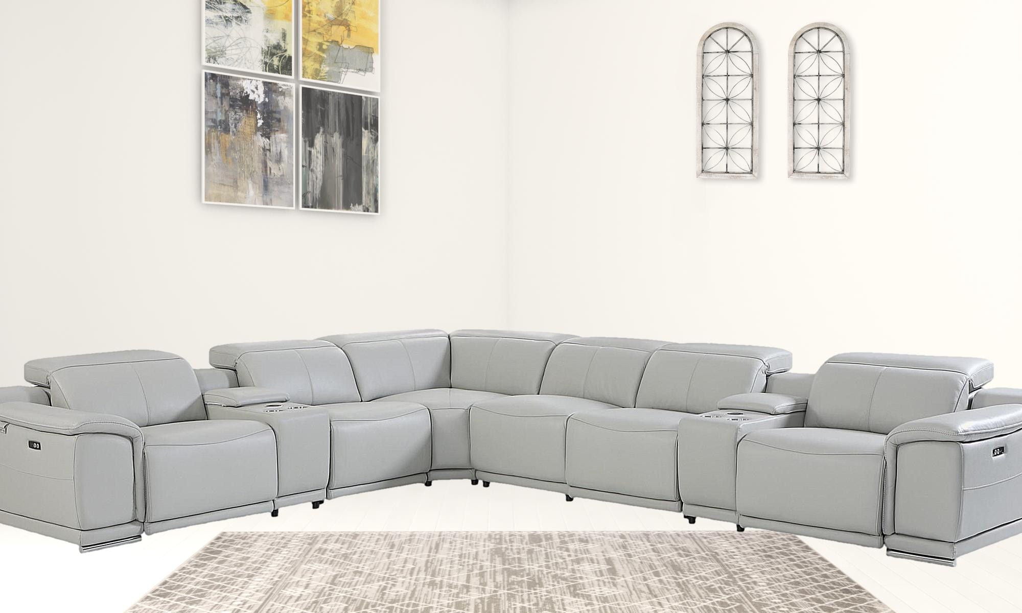 Italian Leather Power Reclining U Shaped Eight Piece Corner Sectional With Console - Light Gray